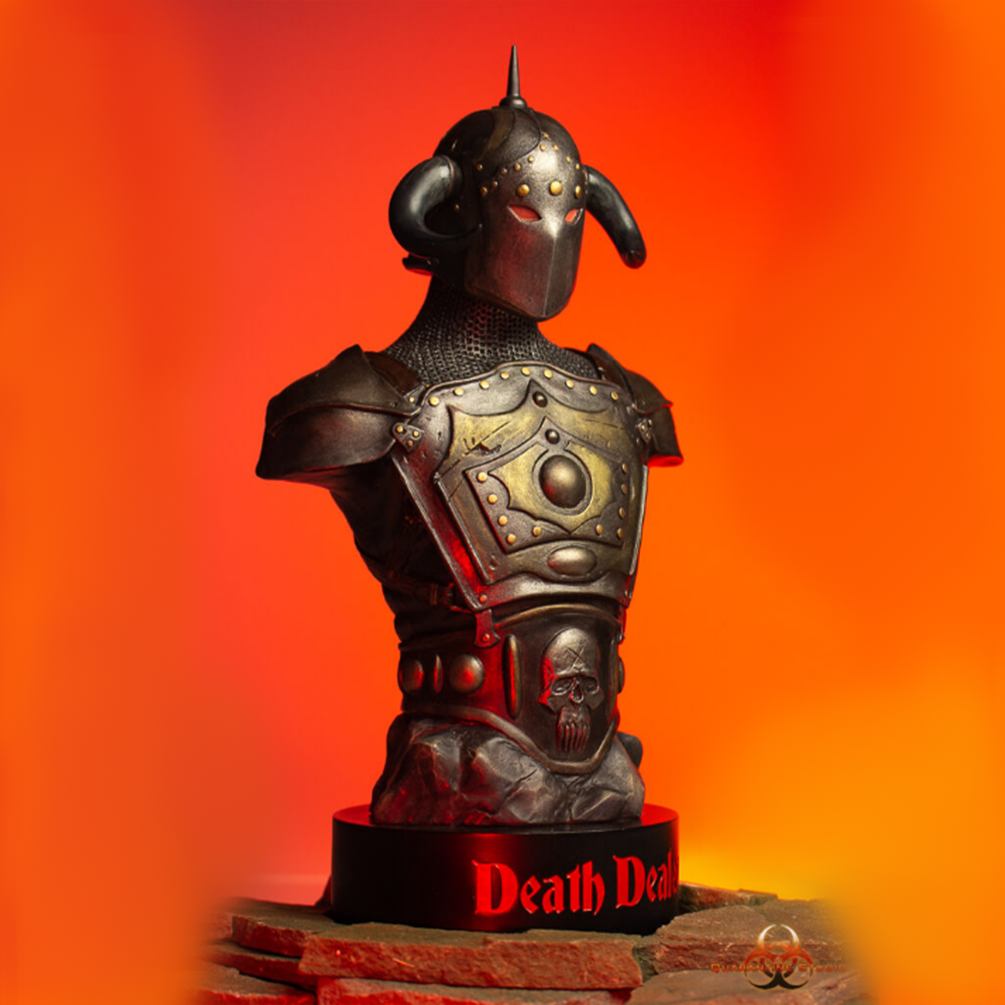 A detailed 1/4 scale bust of Frank Frazetta’s Death Dealer, featuring a horned helmet, battle-worn armor, and glowing LED eyes. The bust is set on a stone-textured base with "Death Dealer" inscribed in bold lettering, against a fiery orange background.
