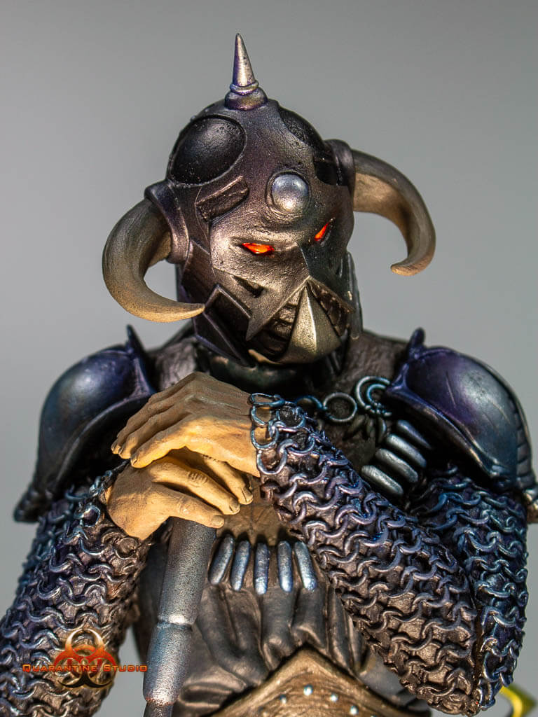 Close-up of the Death Dealer 1:6 scale statue by Quarantine Studio, showcasing intricate details of the warrior&