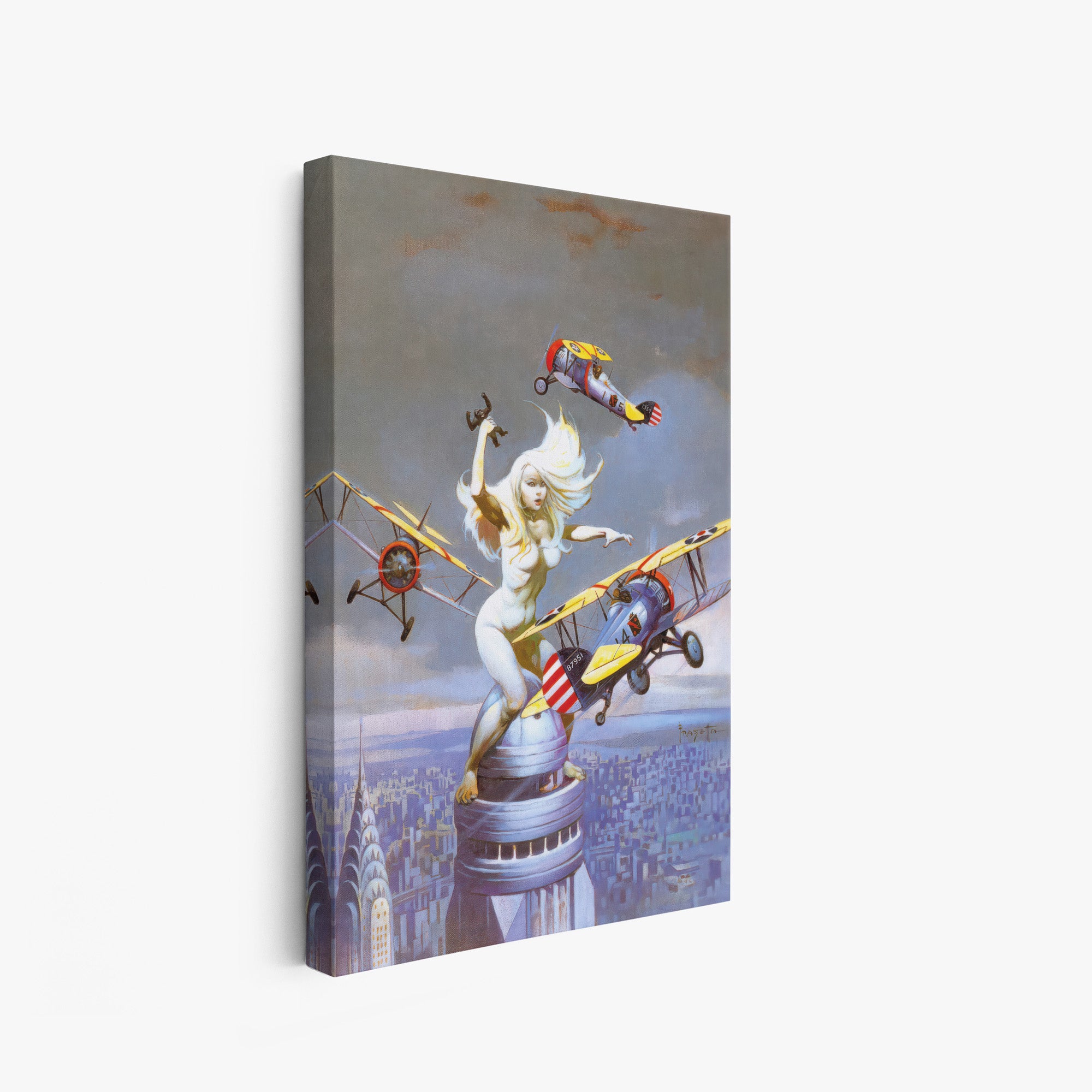 A canvas print of Frazetta’s Queen Kong hung on a white wall, showcasing the artwork with mirror-wrapped edges for a seamless, dimensional look.