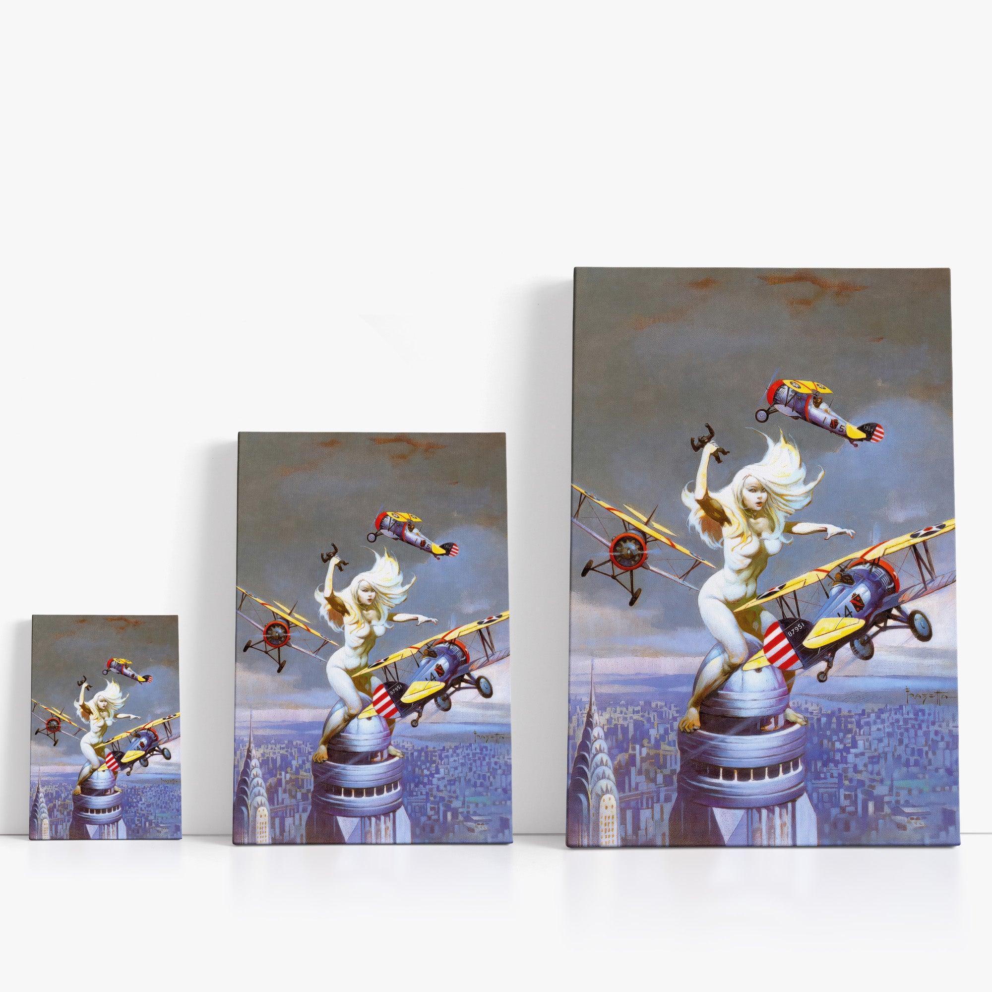 Three wrap-around canvas prints of Frazetta’s Queen Kong in different sizes, showcasing the artwork with mirror-wrapped edges for a seamless, dimensional look.