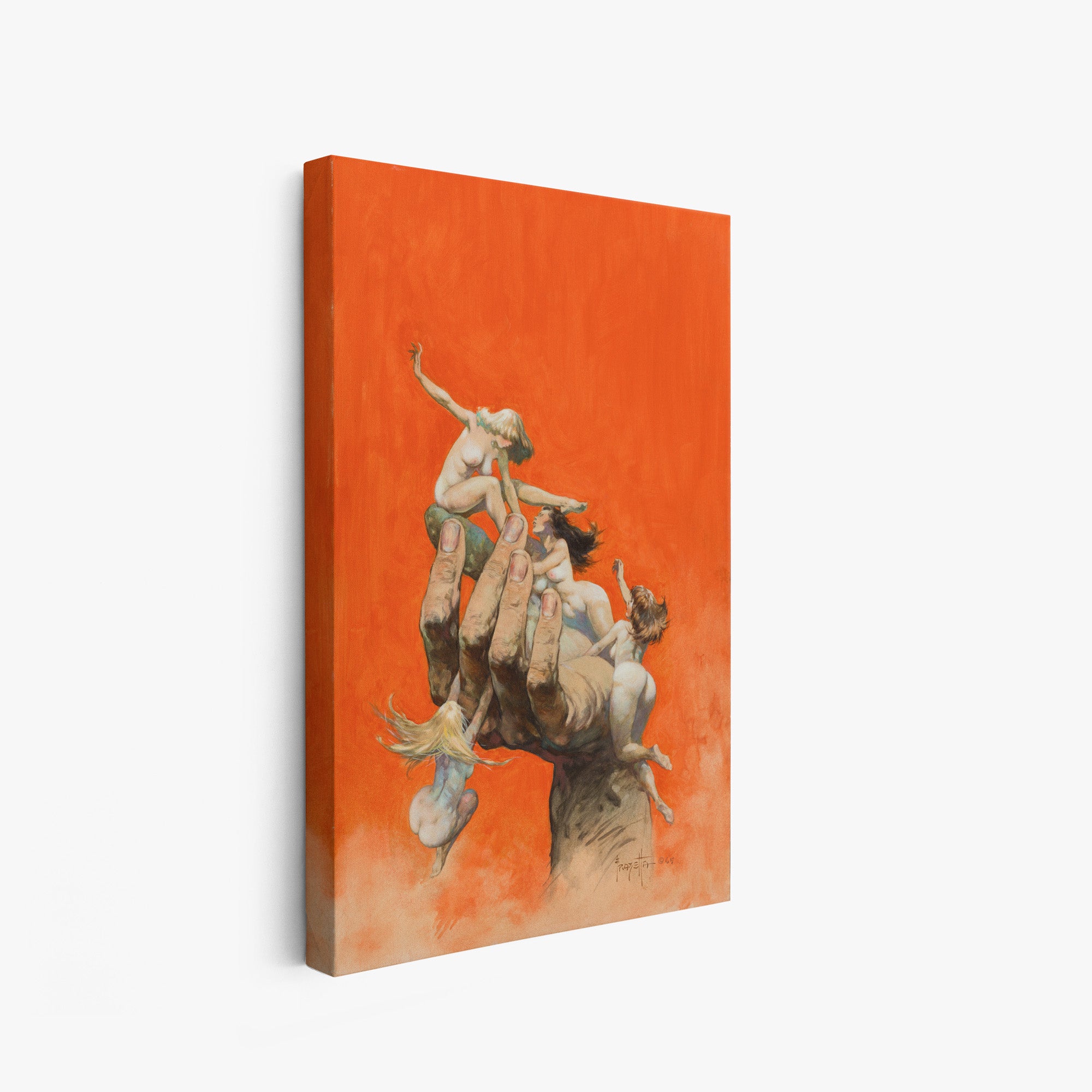 A canvas print of Frazetta’s Reassembled Man hung on a white wall, showcasing the artwork with mirror-wrapped edges for a seamless, dimensional look.