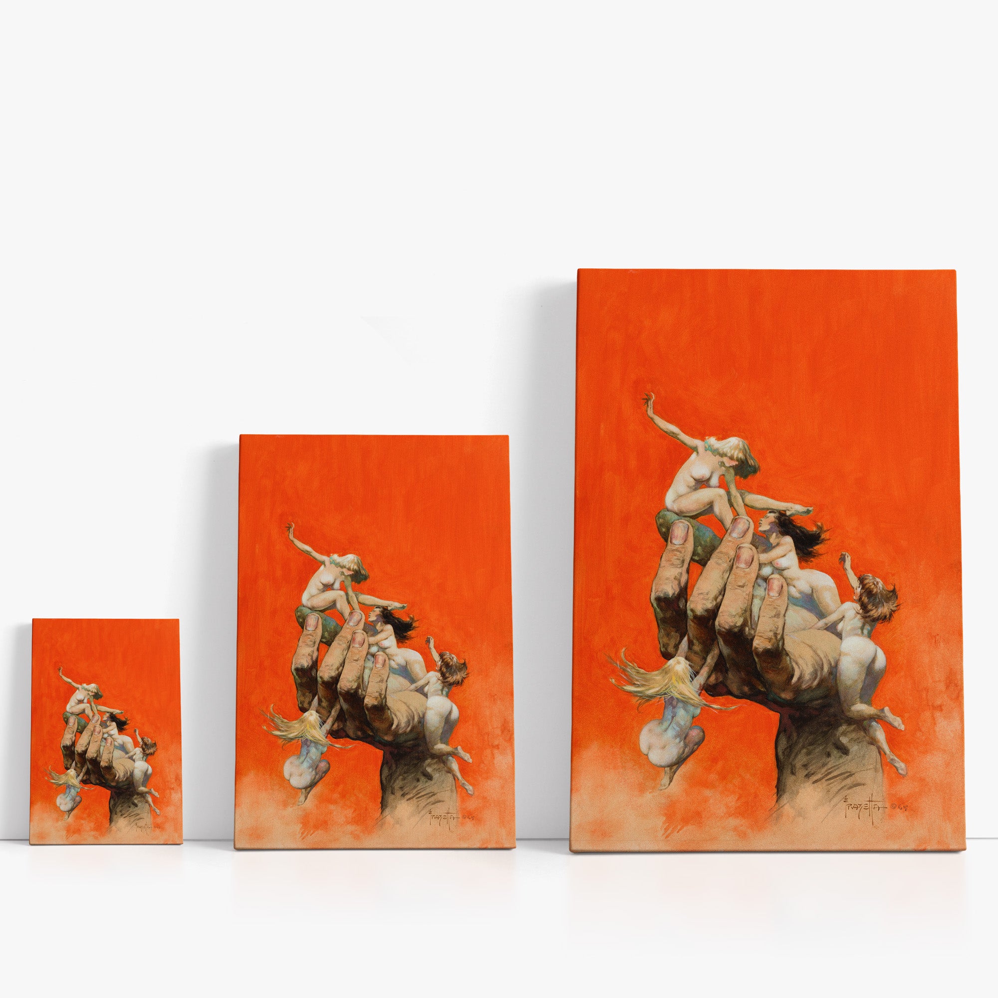 Three wrap-around canvas prints of Frazetta’s Reassembled Man in different sizes, showcasing the artwork with mirror-wrapped edges for a seamless, dimensional look.