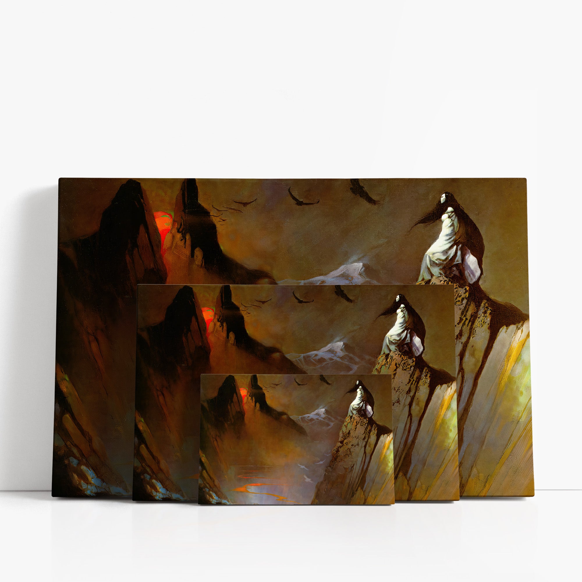 Three wrap-around canvas prints of Frazetta’s Red Moon, Black Mountain in different sizes, showcasing the artwork with mirror-wrapped edges for a seamless, dimensional look.