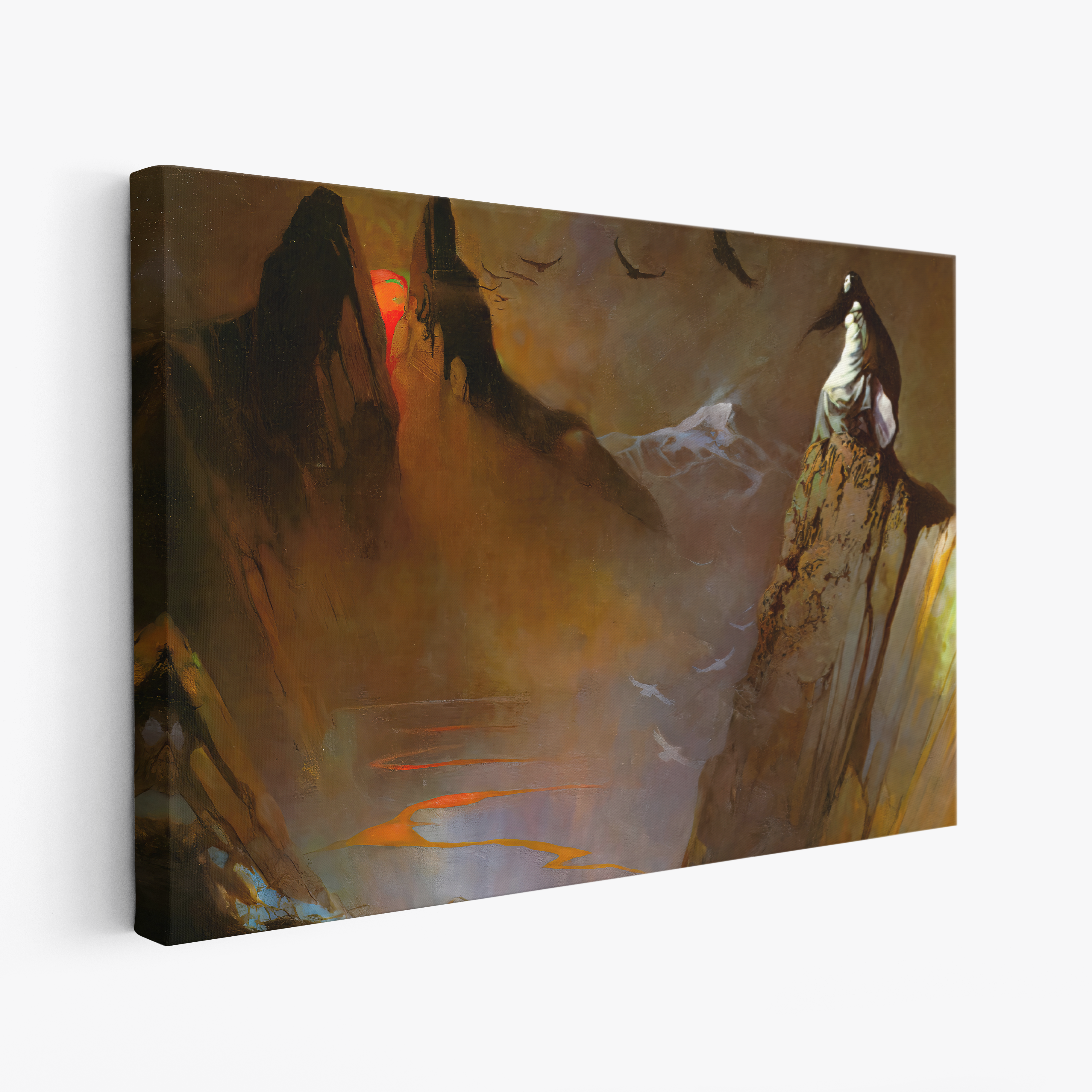 A canvas print of Frazetta’s Red Moon, Black Mountain hung on a white wall, showcasing the artwork with mirror-wrapped edges for a seamless, dimensional look.