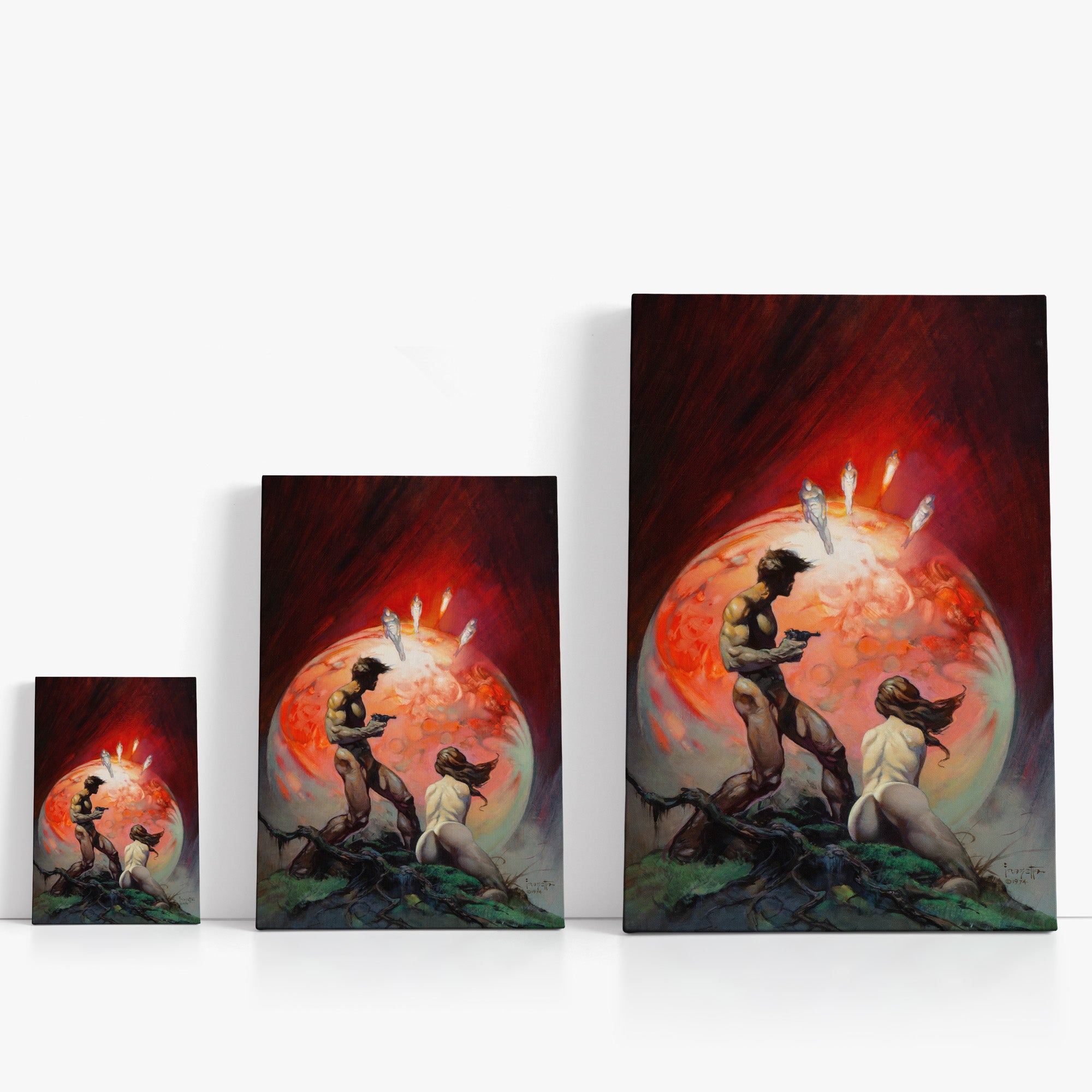 Three wrap-around canvas prints of Frazetta’s Red Planet in different sizes, showcasing the artwork with mirror-wrapped edges for a seamless, dimensional look.