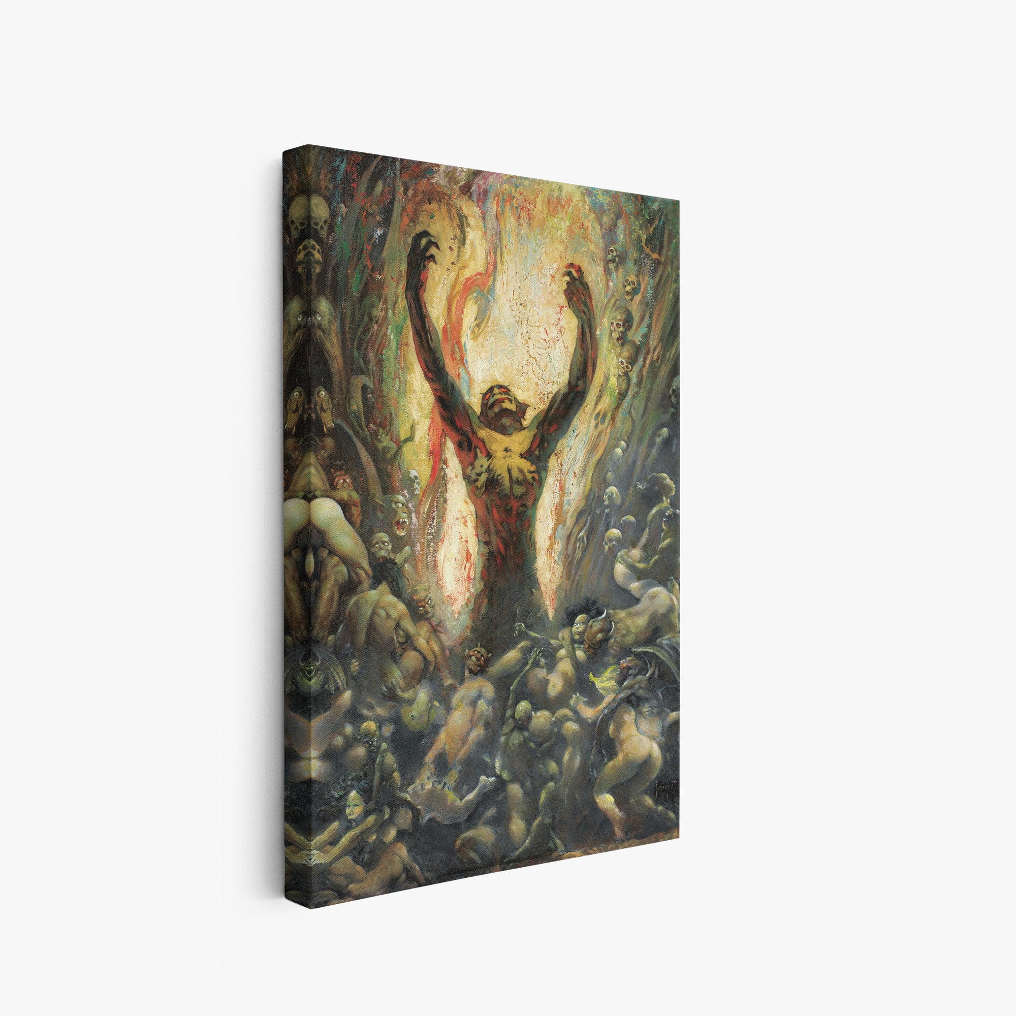 A canvas print of Frazetta’s Reign of Wizardry hung on a white wall, showcasing the artwork with mirror-wrapped edges for a seamless, dimensional look.