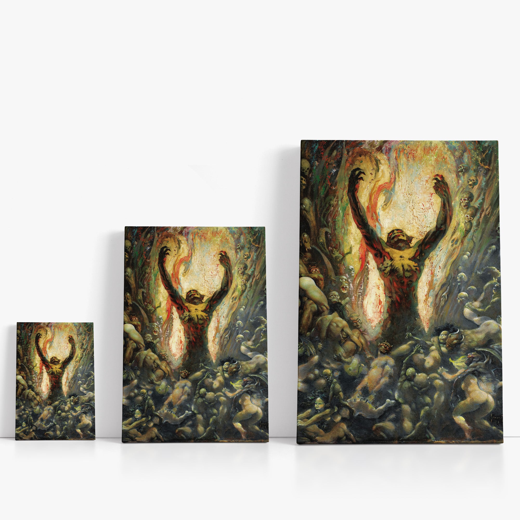Three wrap-around canvas prints of Frazetta’s Reign of Wizardry in different sizes, showcasing the artwork with mirror-wrapped edges for a seamless, dimensional look.