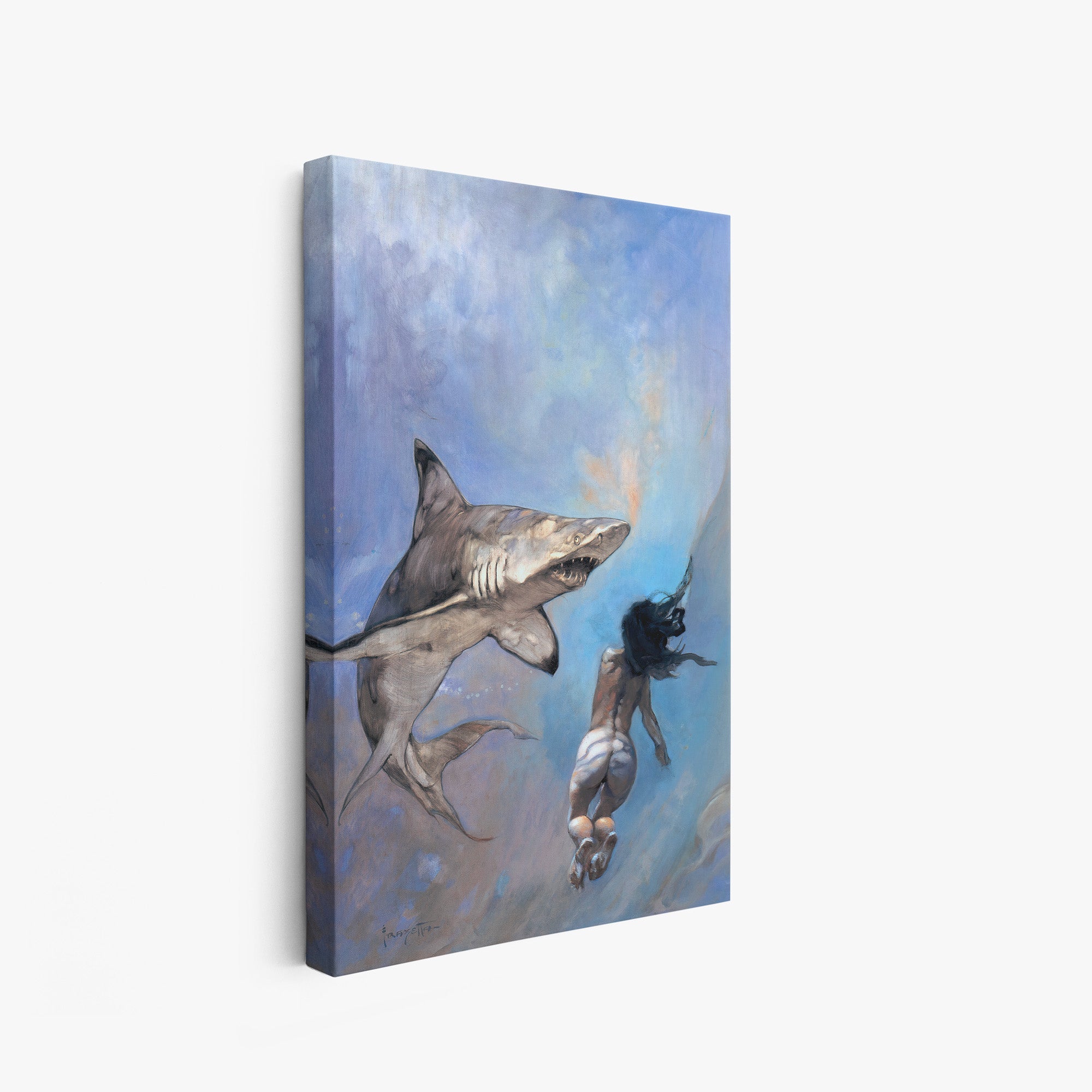 A canvas print of Frazetta’s Requiem of a Shark hung on a white wall, showcasing the artwork with mirror-wrapped edges for a seamless, dimensional look.