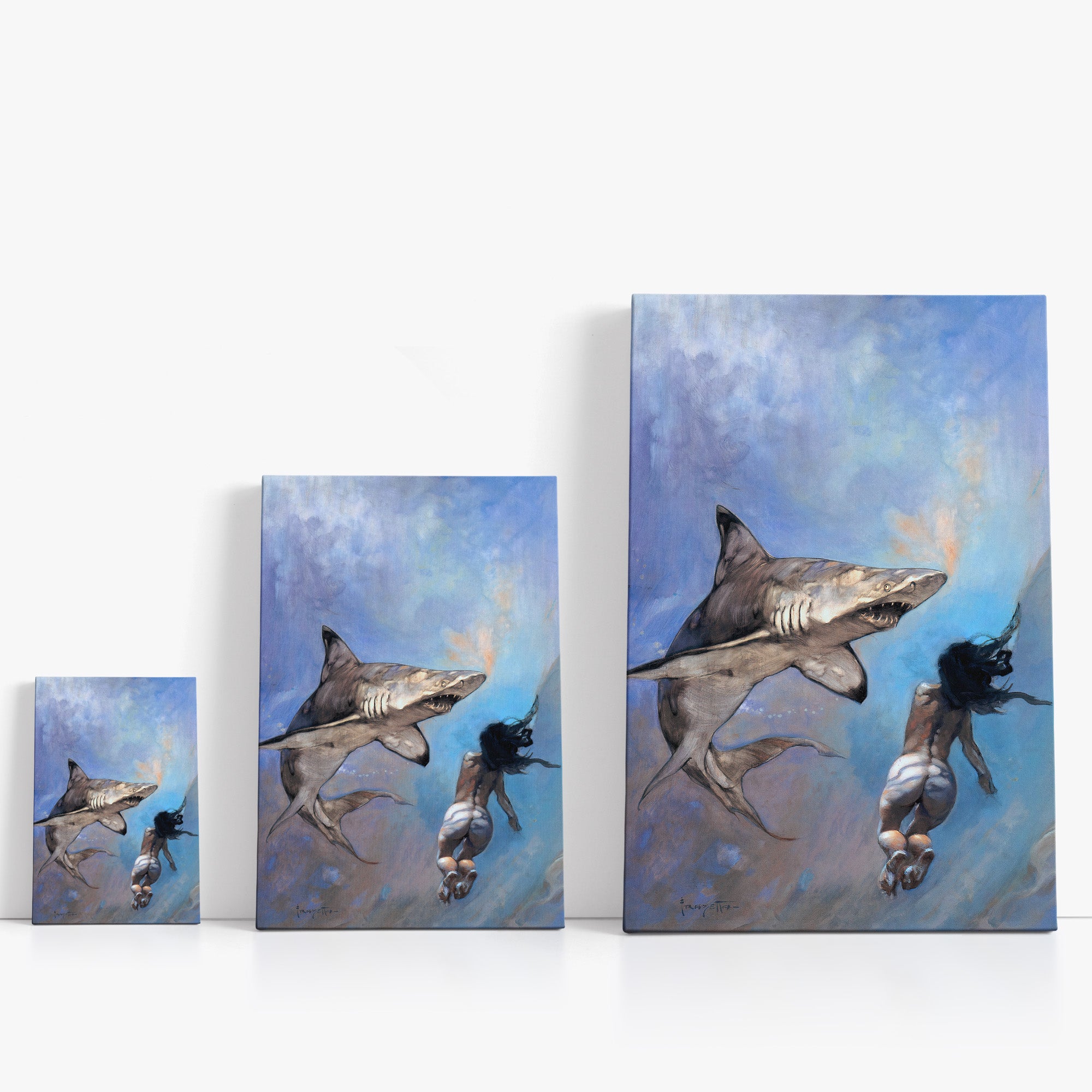 Three wrap-around canvas prints of Frazetta’s Requiem of a Shark in different sizes, showcasing the artwork with mirror-wrapped edges for a seamless, dimensional look.