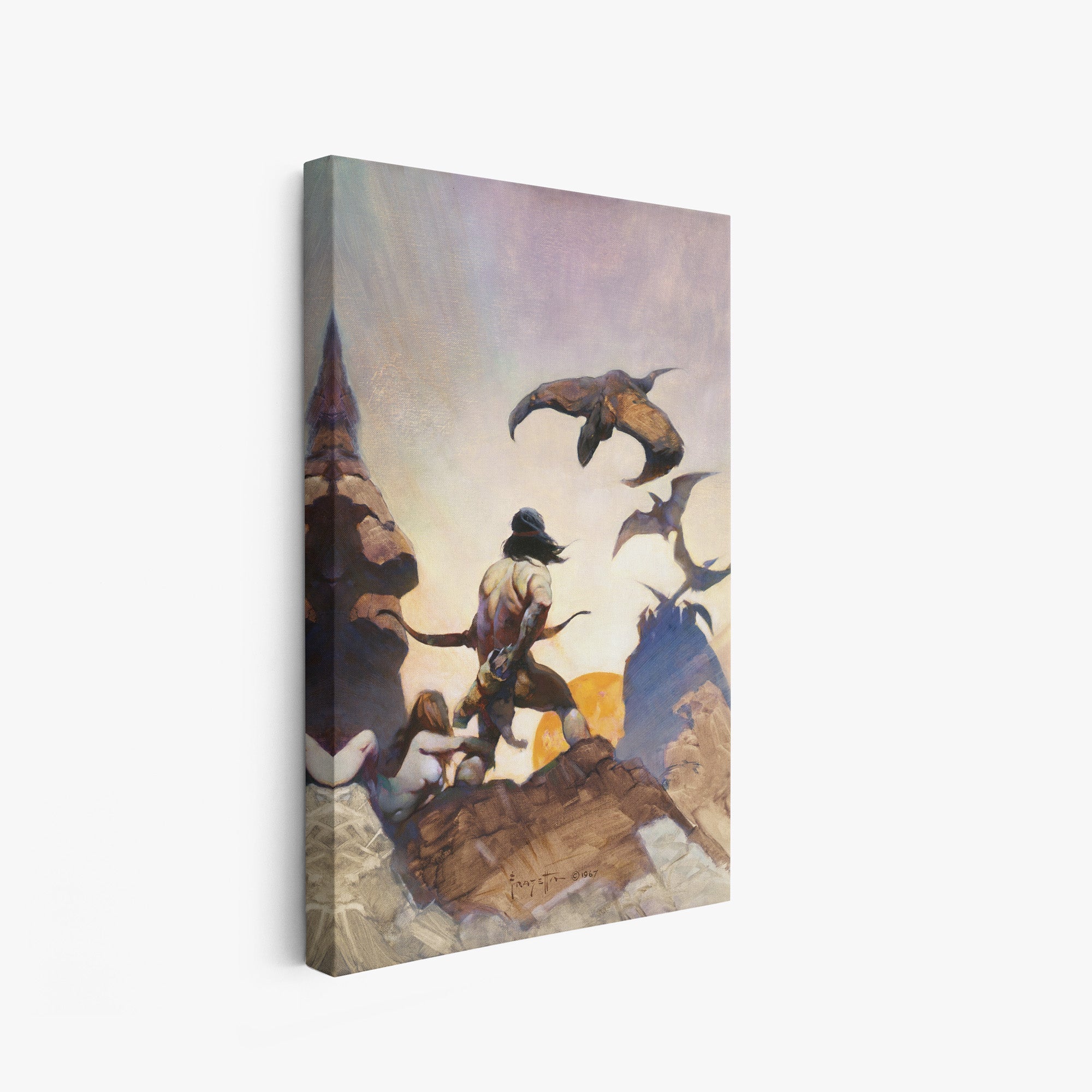 A canvas print of Frazetta’s Return of Jongor hung on a white wall, showcasing the artwork with mirror-wrapped edges for a seamless, dimensional look.