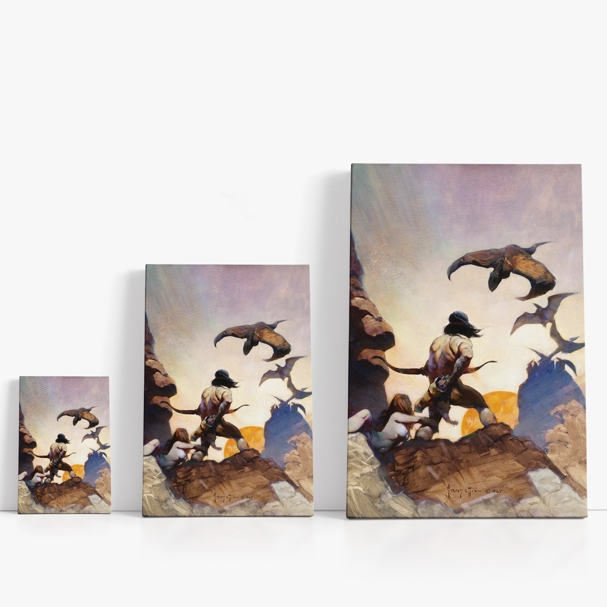 Three wrap-around canvas prints of Frazetta’s Return of Jongor in different sizes, showcasing the artwork with mirror-wrapped edges for a seamless, dimensional look.