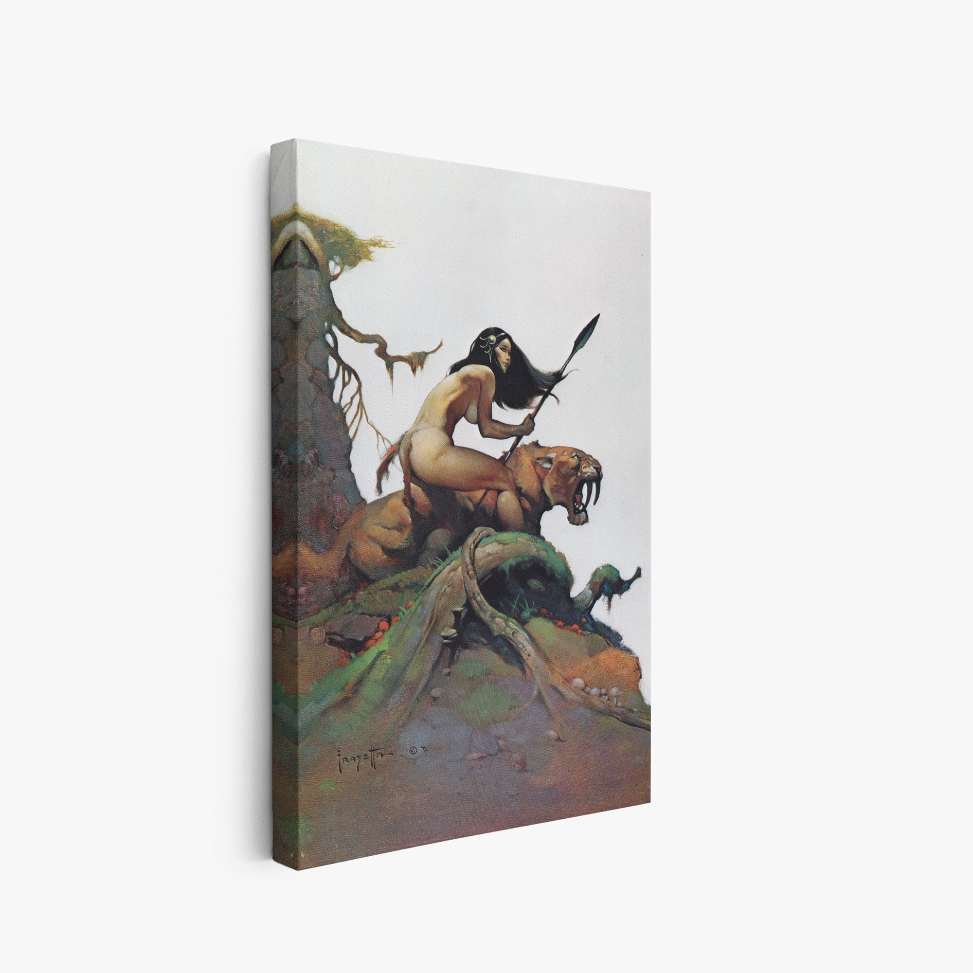 A canvas print of Frazetta’s Savage Pellucidar hung on a white wall, showcasing the artwork with mirror-wrapped edges for a seamless, dimensional look.