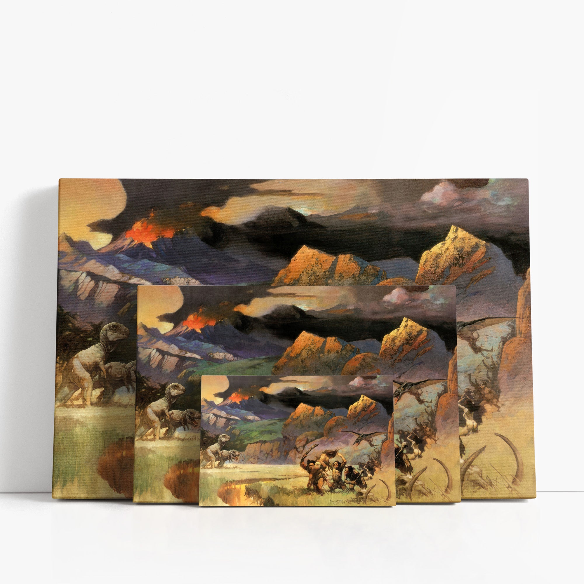 Three wrap-around canvas prints of Frazetta’s Young World in different sizes, showcasing the artwork with mirror-wrapped edges for a seamless, dimensional look.