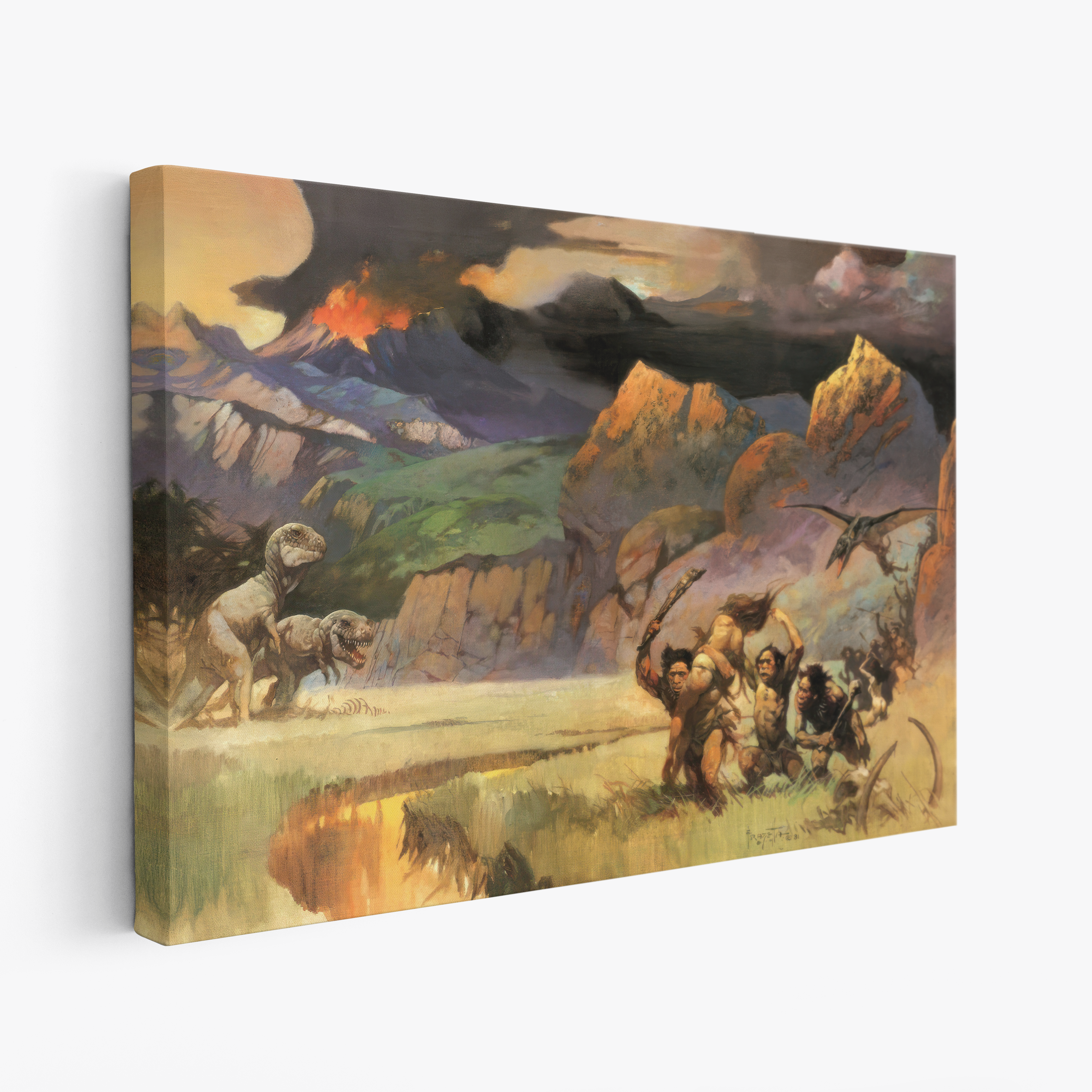 A canvas print of Frazetta’s Young World hung on a white wall, showcasing the artwork with mirror-wrapped edges for a seamless, dimensional look.