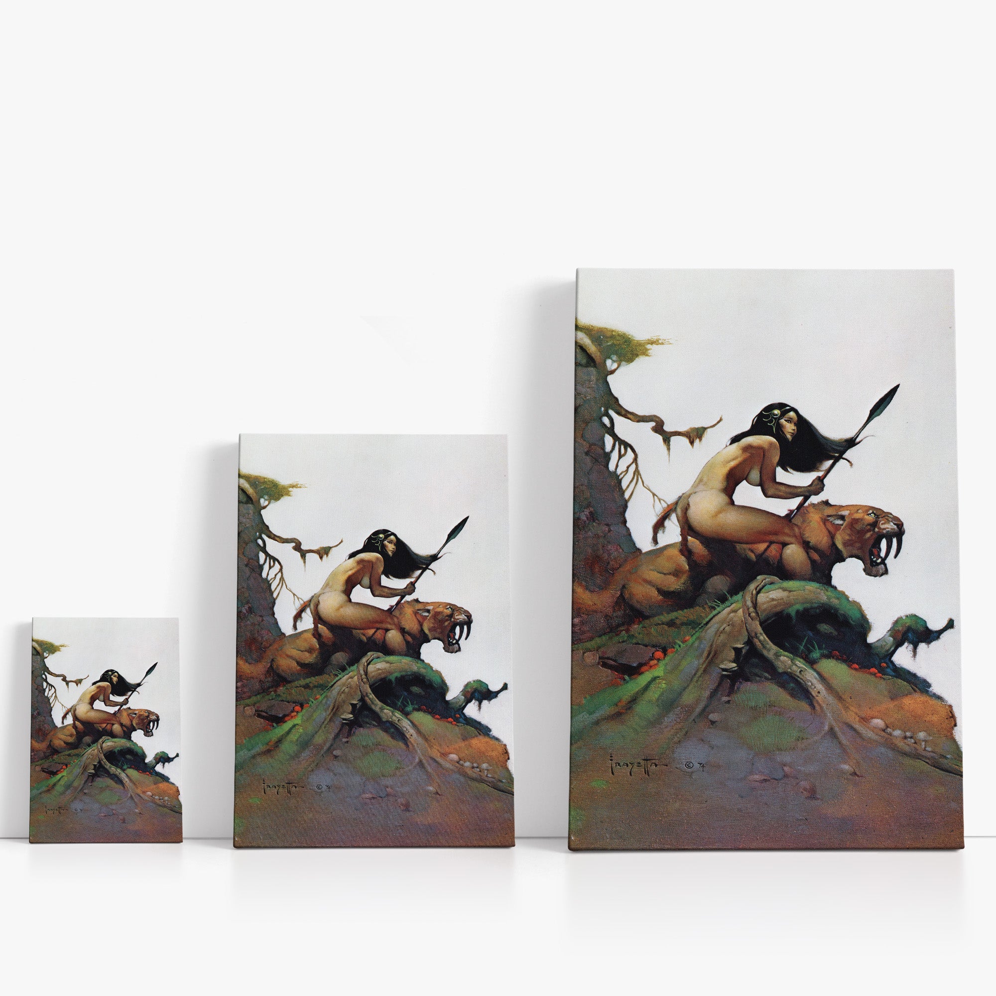 Three wrap-around canvas prints of Frazetta’s Savage Pellucidar in different sizes, showcasing the artwork with mirror-wrapped edges for a seamless, dimensional look.