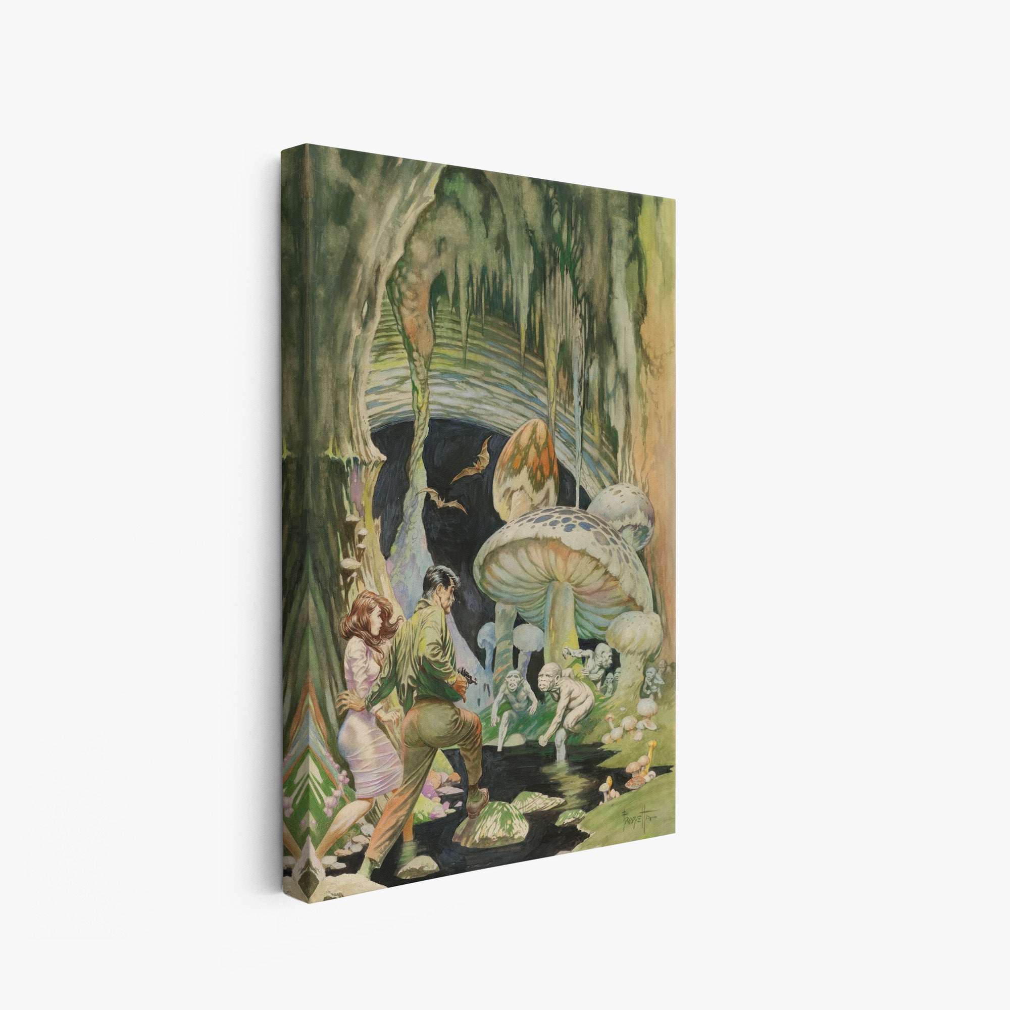 A canvas print of Frazetta’s Secret People hung on a white wall, showcasing the artwork with mirror-wrapped edges for a seamless, dimensional look.