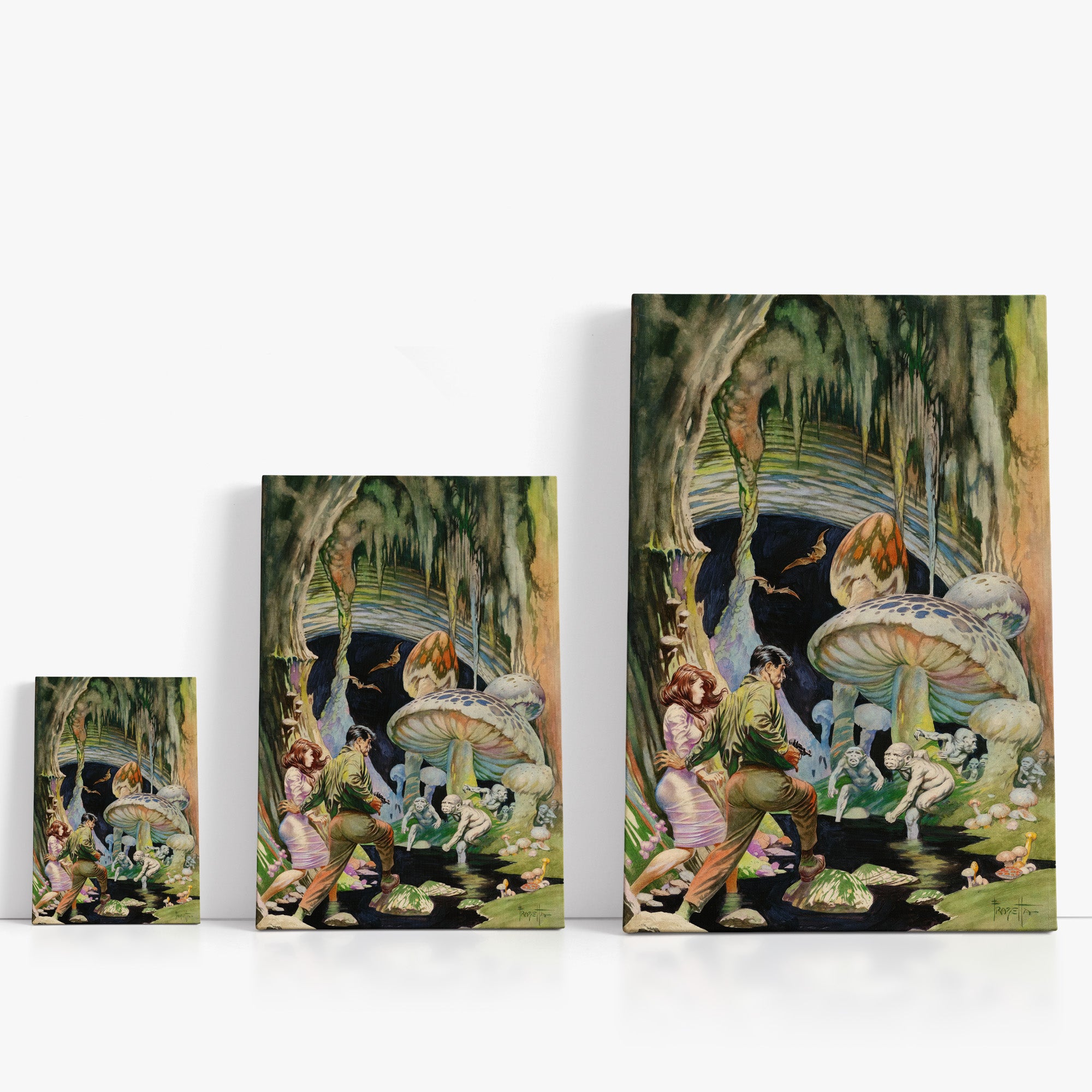 Three wrap-around canvas prints of Frazetta’s Secret People in different sizes, showcasing the artwork with mirror-wrapped edges for a seamless, dimensional look.