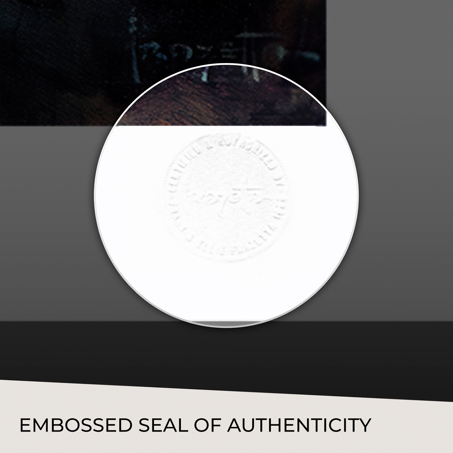 Close-up of the embossed seal of authenticity on the Frazetta &