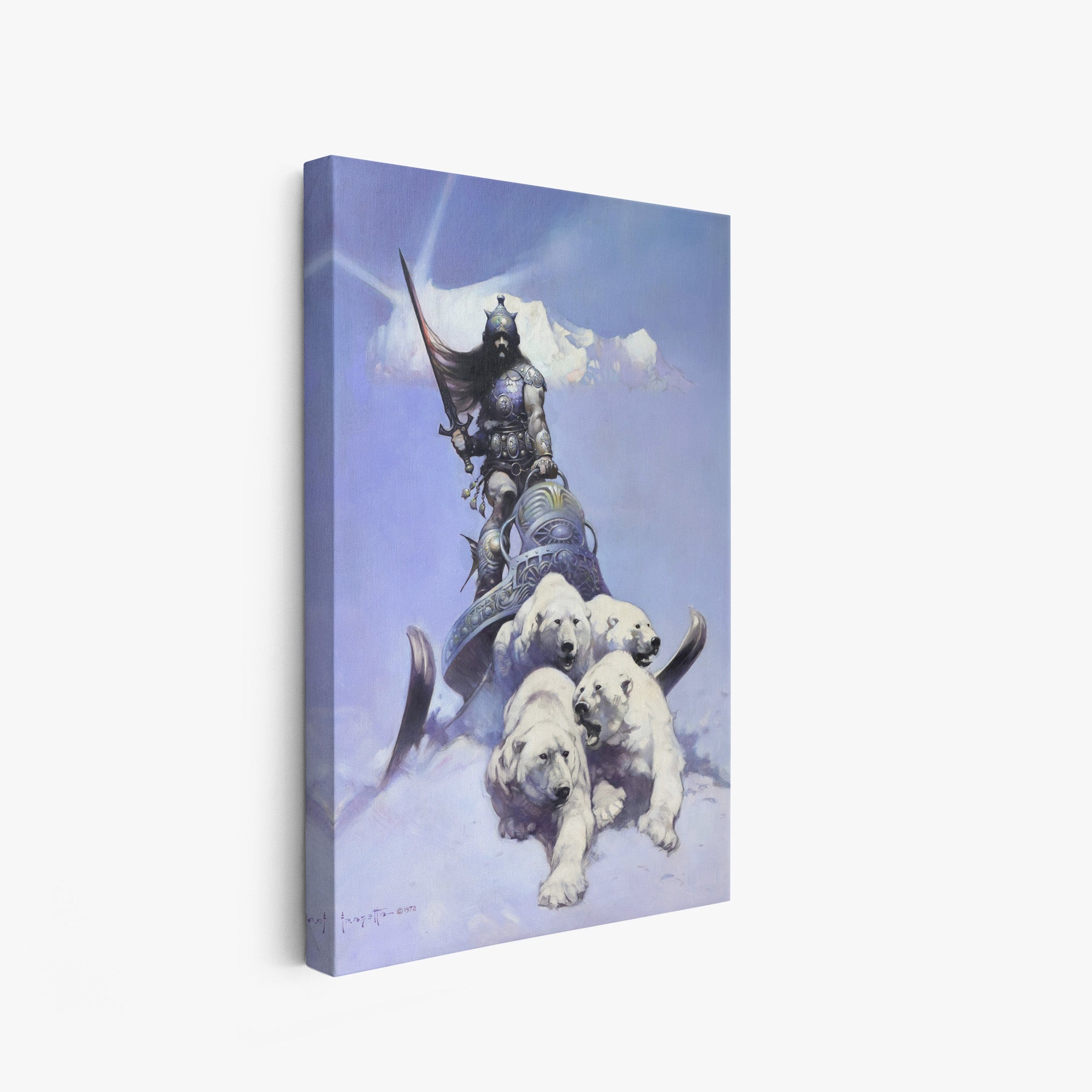 A canvas print of Frazetta’s Silver Warrior hung on a white wall, showcasing the artwork with mirror-wrapped edges for a seamless, dimensional look.