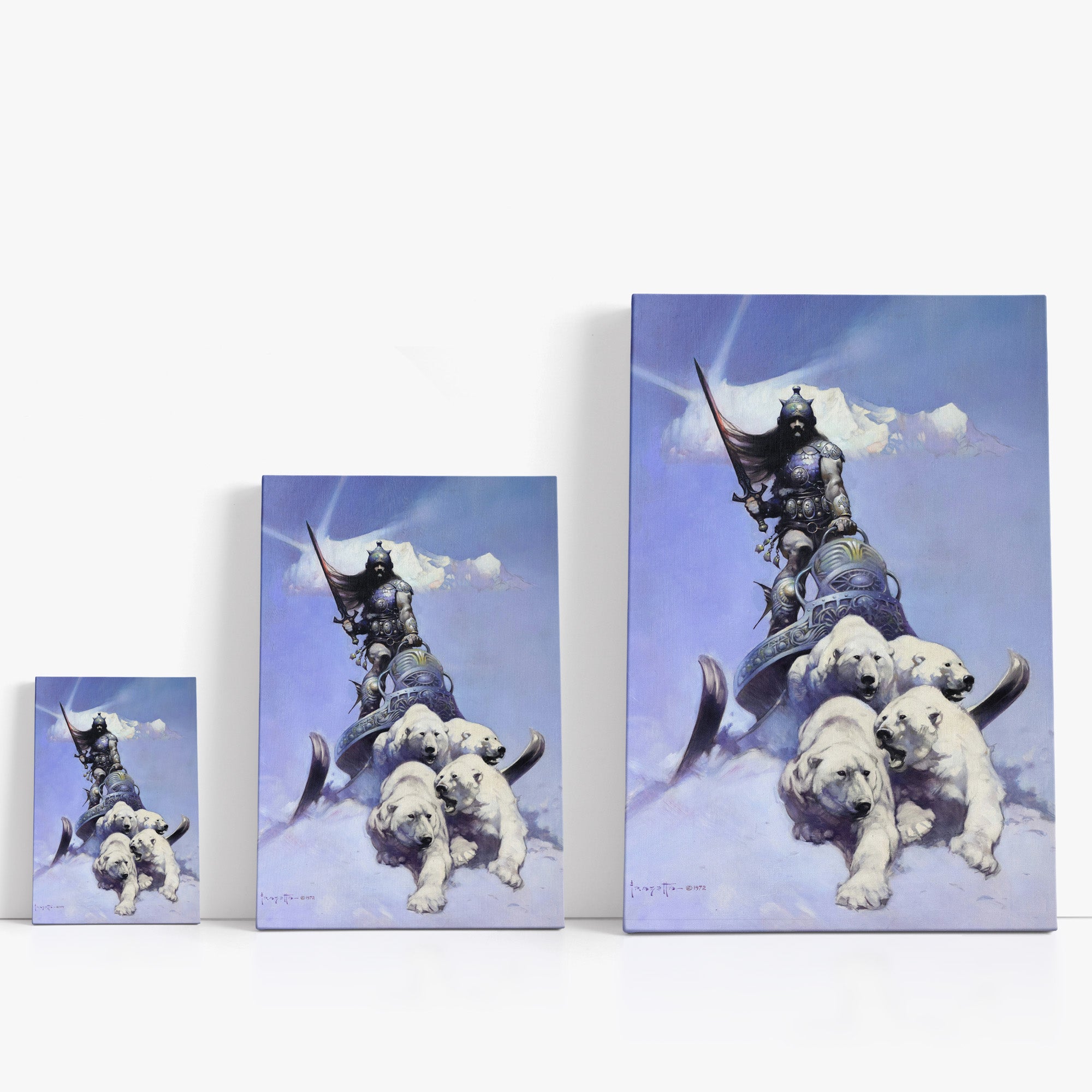 Three wrap-around canvas prints of Frazetta’s Silver Warrior in different sizes, showcasing the artwork with mirror-wrapped edges for a seamless, dimensional look.