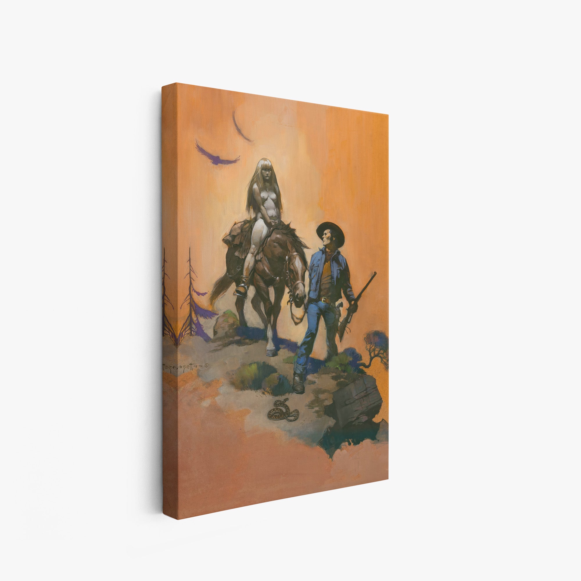 A canvas print of Frazetta’s Snake Bit hung on a white wall, showcasing the artwork with mirror-wrapped edges for a seamless, dimensional look.