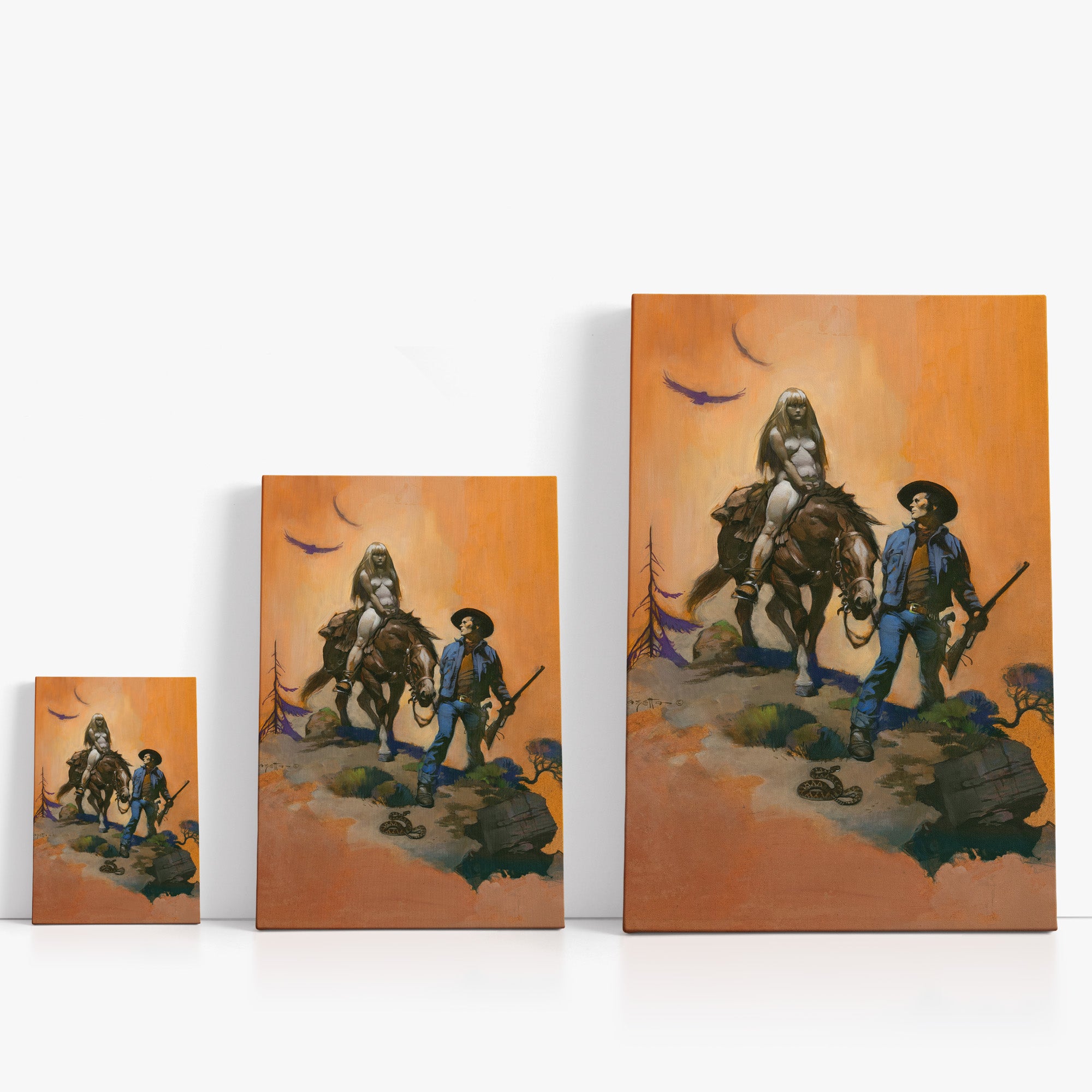 Three wrap-around canvas prints of Frazetta’s Snake Bit in different sizes, showcasing the artwork with mirror-wrapped edges for a seamless, dimensional look.