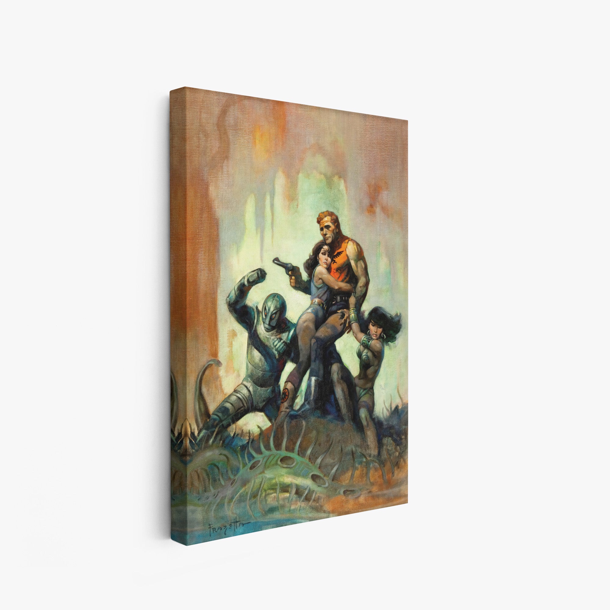 A canvas print of Frazetta’s Solar Invasion hung on a white wall, showcasing the artwork with mirror-wrapped edges for a seamless, dimensional look.