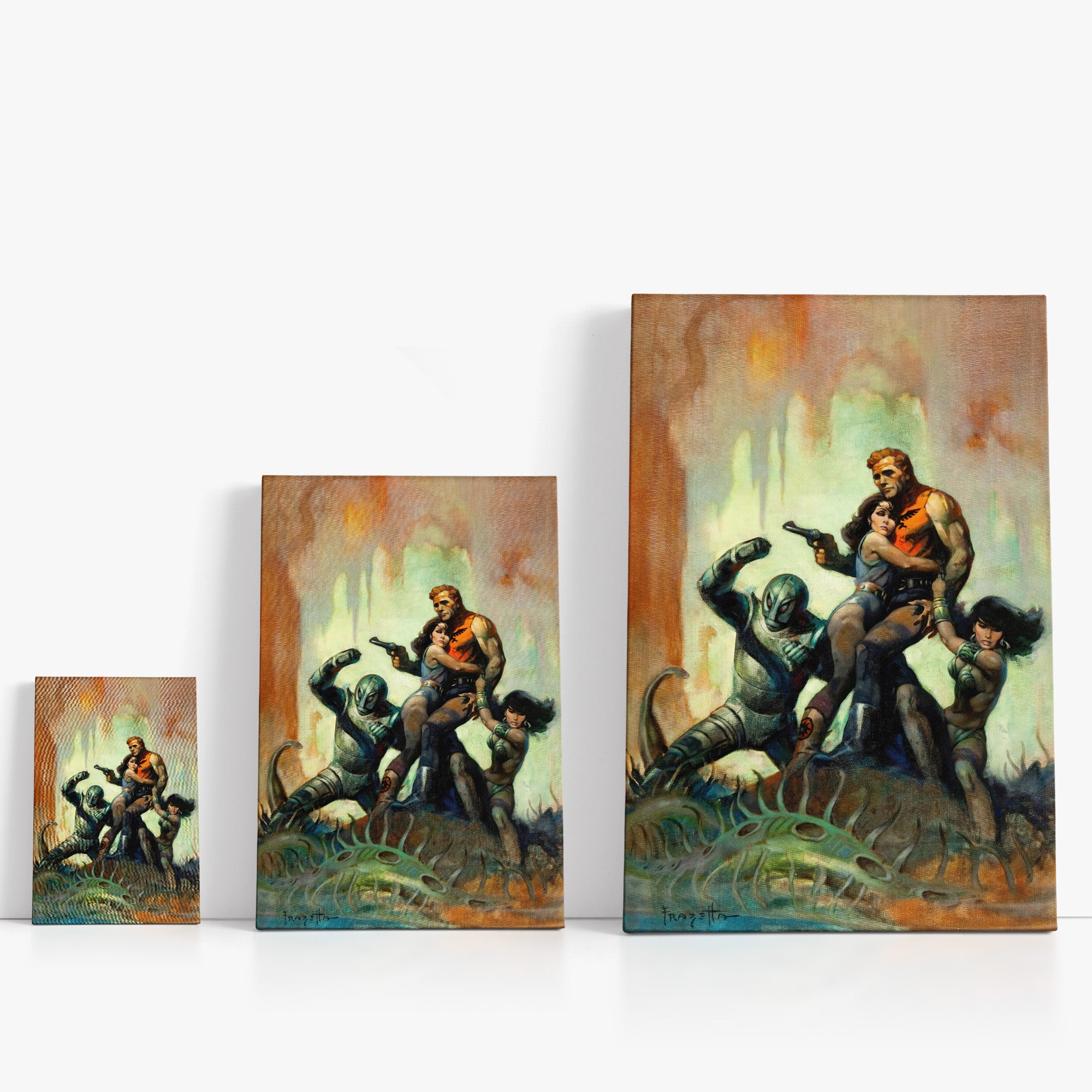 Three wrap-around canvas prints of Frazetta’s Solar Invasion in different sizes, showcasing the artwork with mirror-wrapped edges for a seamless, dimensional look.