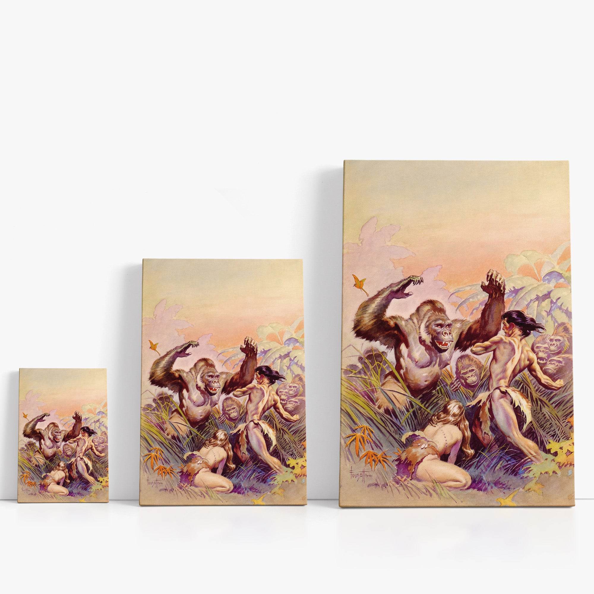 Three wrap-around canvas prints of Frazetta’s Son of the Apes in different sizes, showcasing the artwork with mirror-wrapped edges for a seamless, dimensional look.