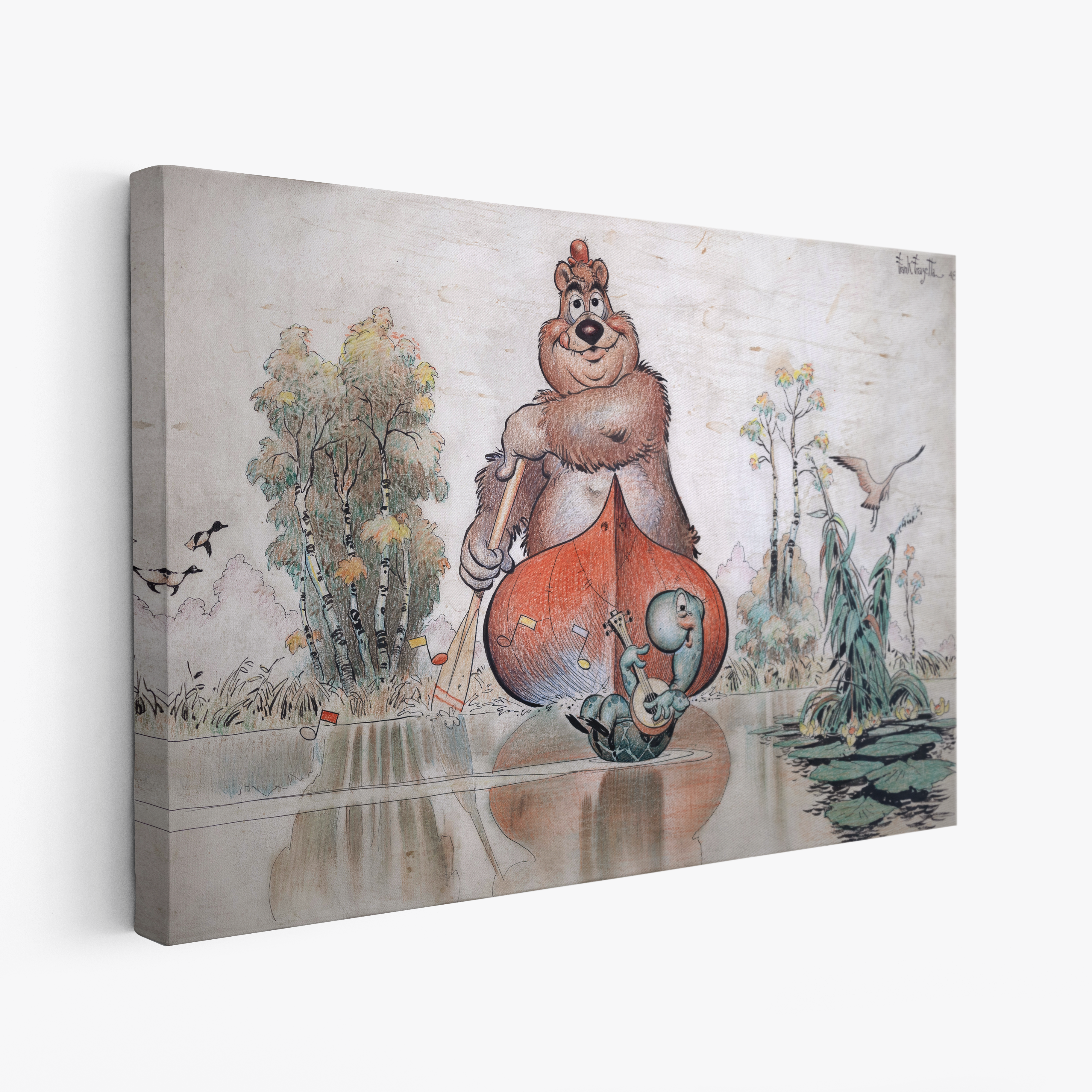 A canvas print of Frazetta’s Songs of the Wild hung on a white wall, showcasing the artwork with mirror-wrapped edges for a seamless, dimensional look.