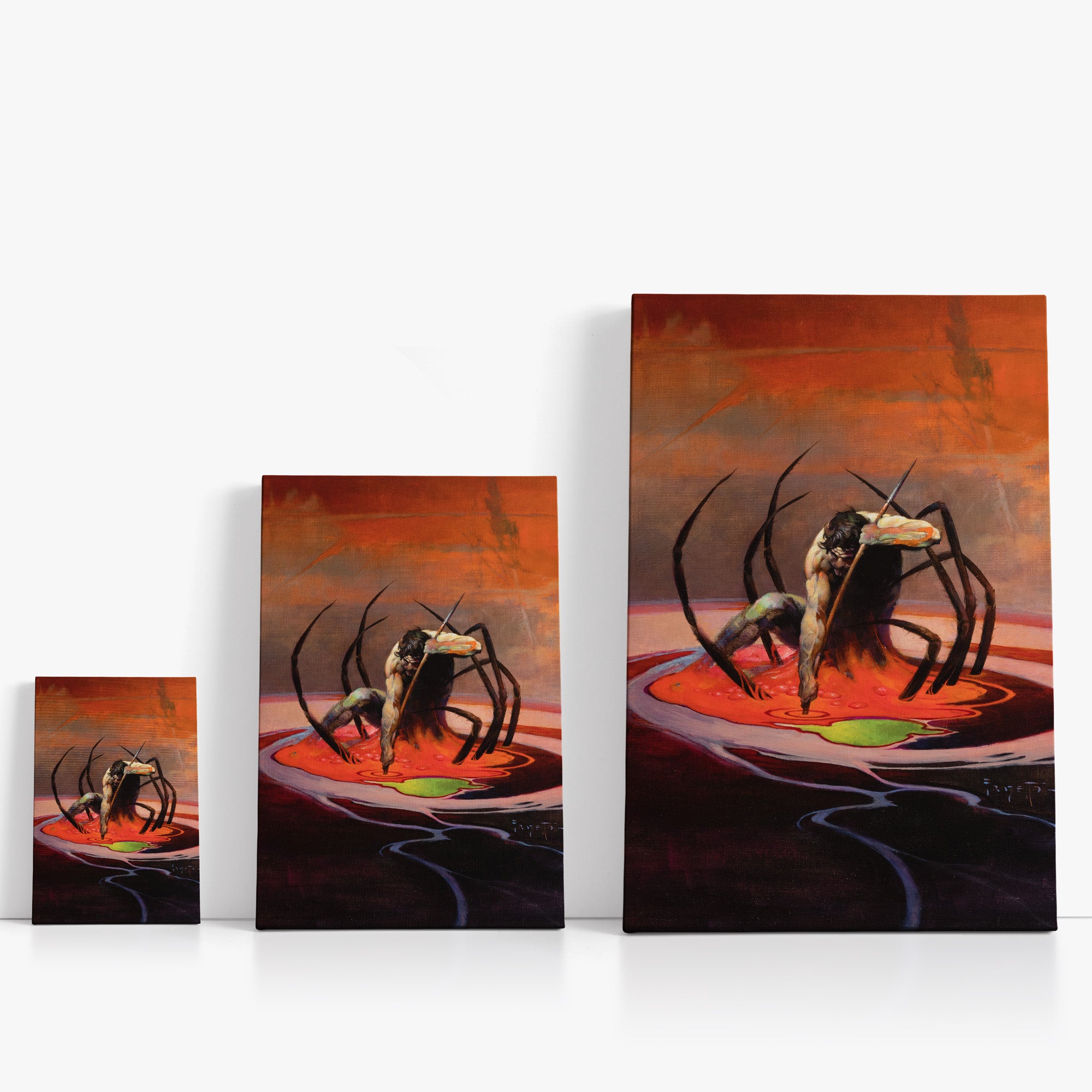 Three wrap-around canvas prints of Frazetta’s Spider Man in different sizes, showcasing the artwork with mirror-wrapped edges for a seamless, dimensional look.