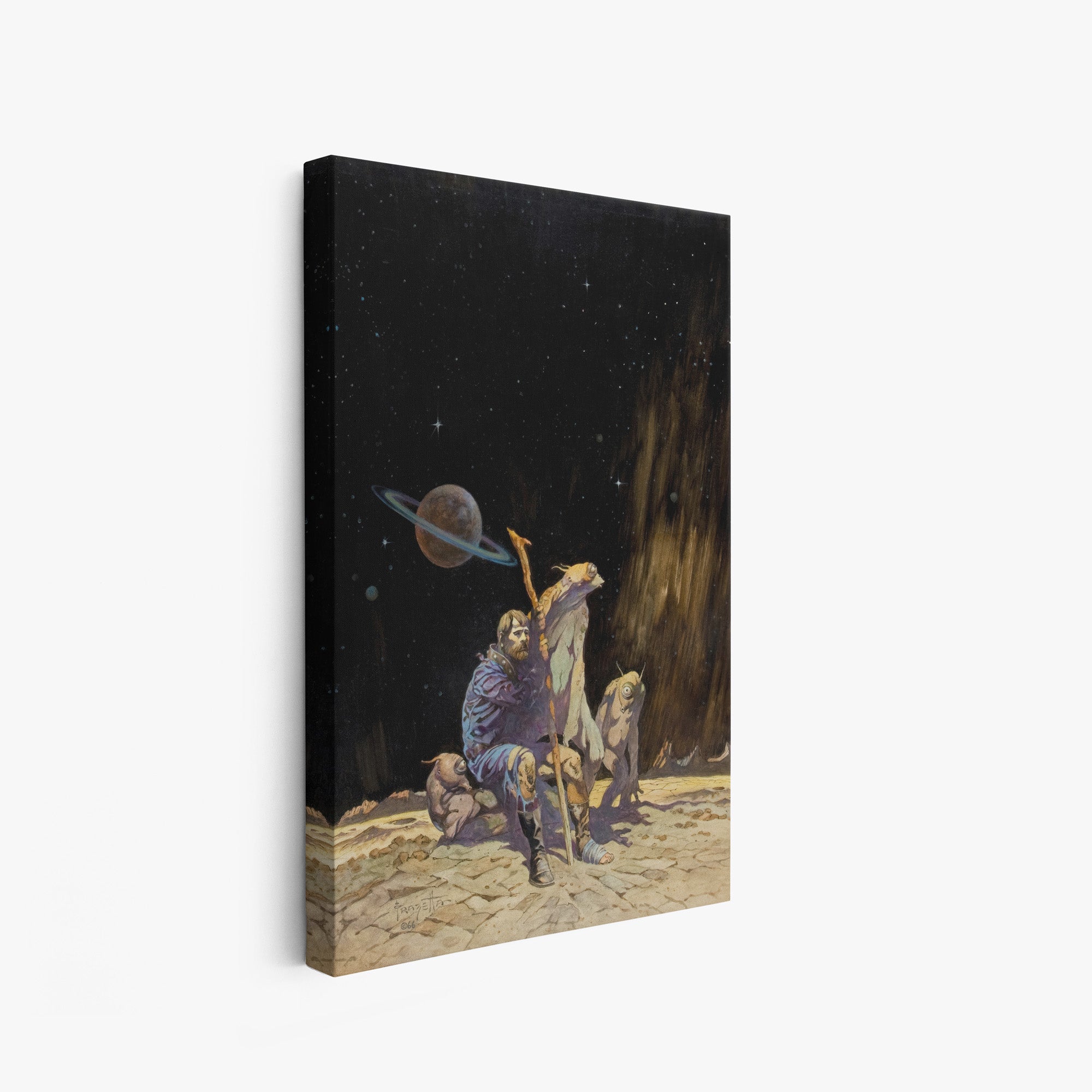 A canvas print of Frazetta’s Stranded hung on a white wall, showcasing the artwork with mirror-wrapped edges for a seamless, dimensional look.