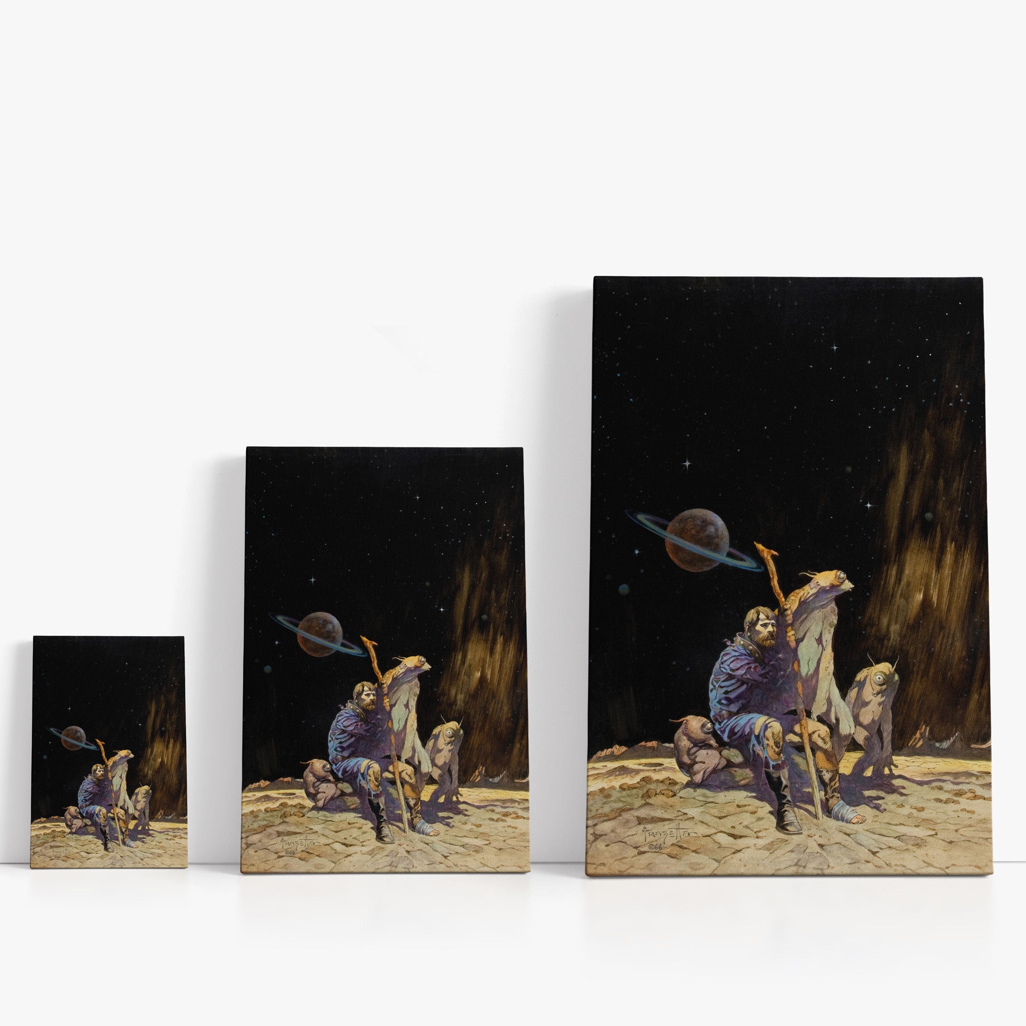 Three wrap-around canvas prints of Frazetta’s Stranded in different sizes, showcasing the artwork with mirror-wrapped edges for a seamless, dimensional look.