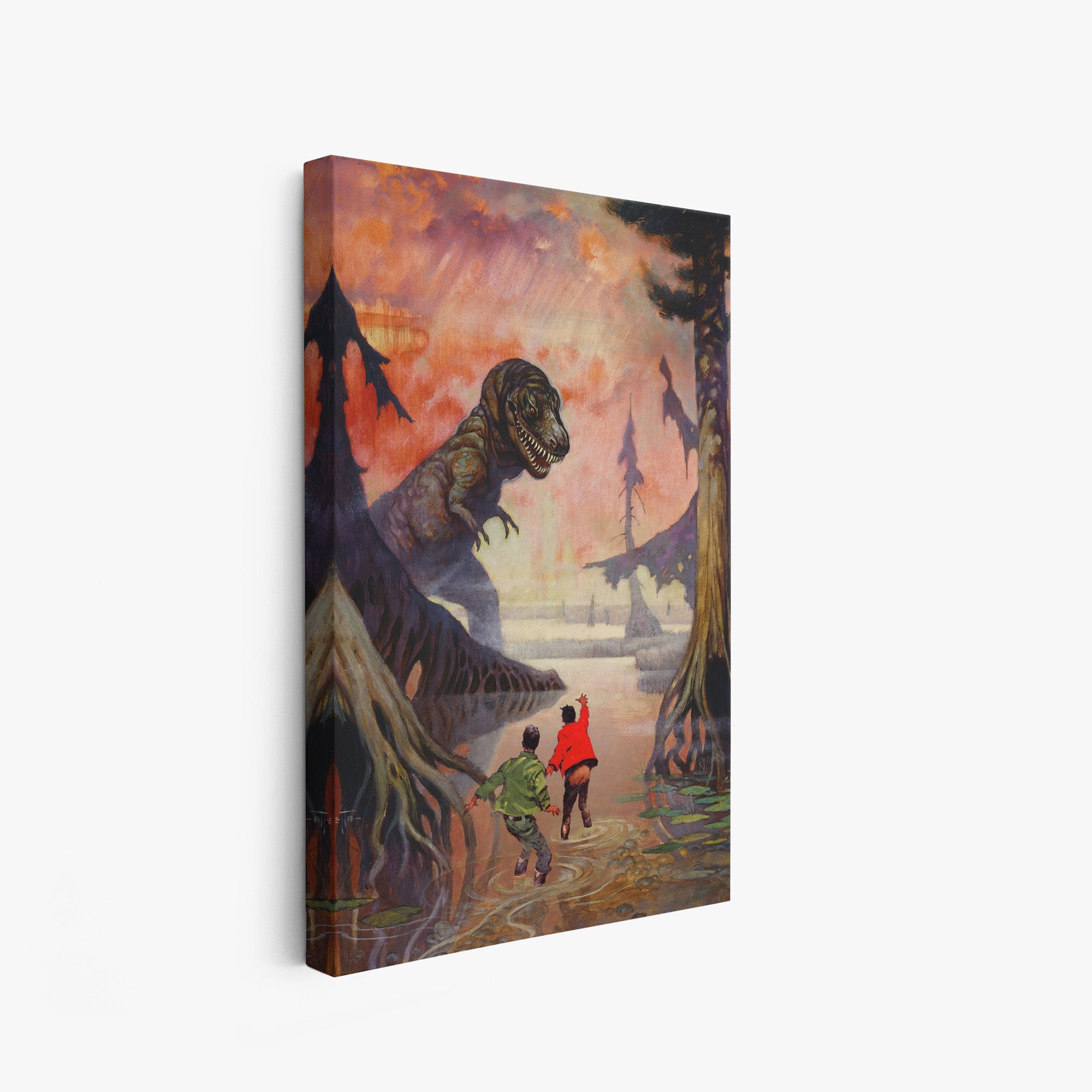 A canvas print of Frazetta’s Swamp Godhung on a white wall, showcasing the artwork with mirror-wrapped edges for a seamless, dimensional look.
