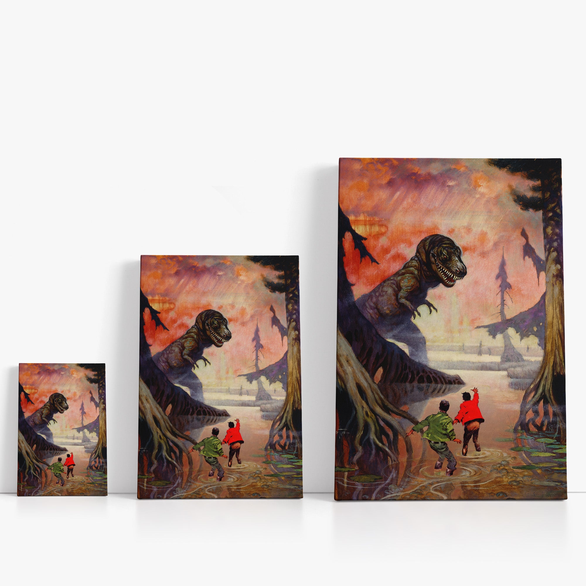 Three wrap-around canvas prints of Frazetta’s Swamp God in different sizes, showcasing the artwork with mirror-wrapped edges for a seamless, dimensional look.