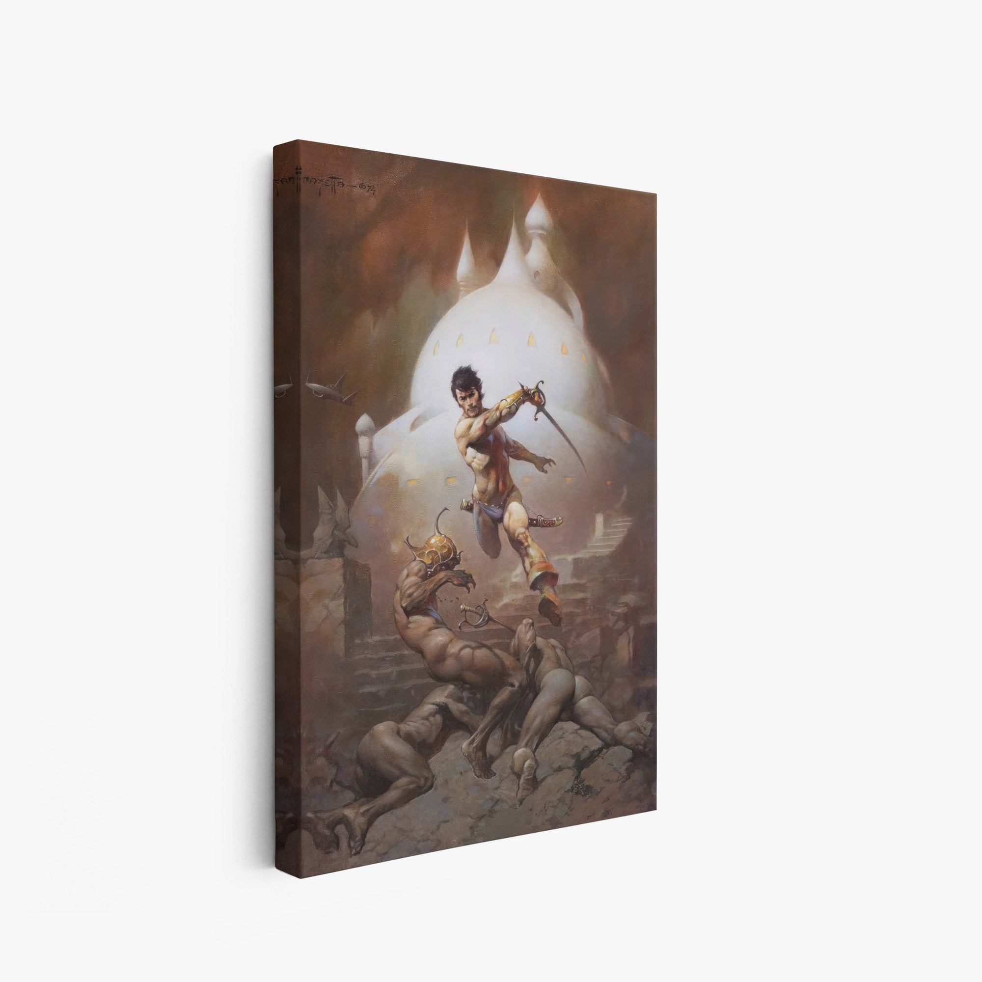 A canvas print of Frazetta’s Swords of Mars hung on a white wall, showcasing the artwork with mirror-wrapped edges for a seamless, dimensional look.