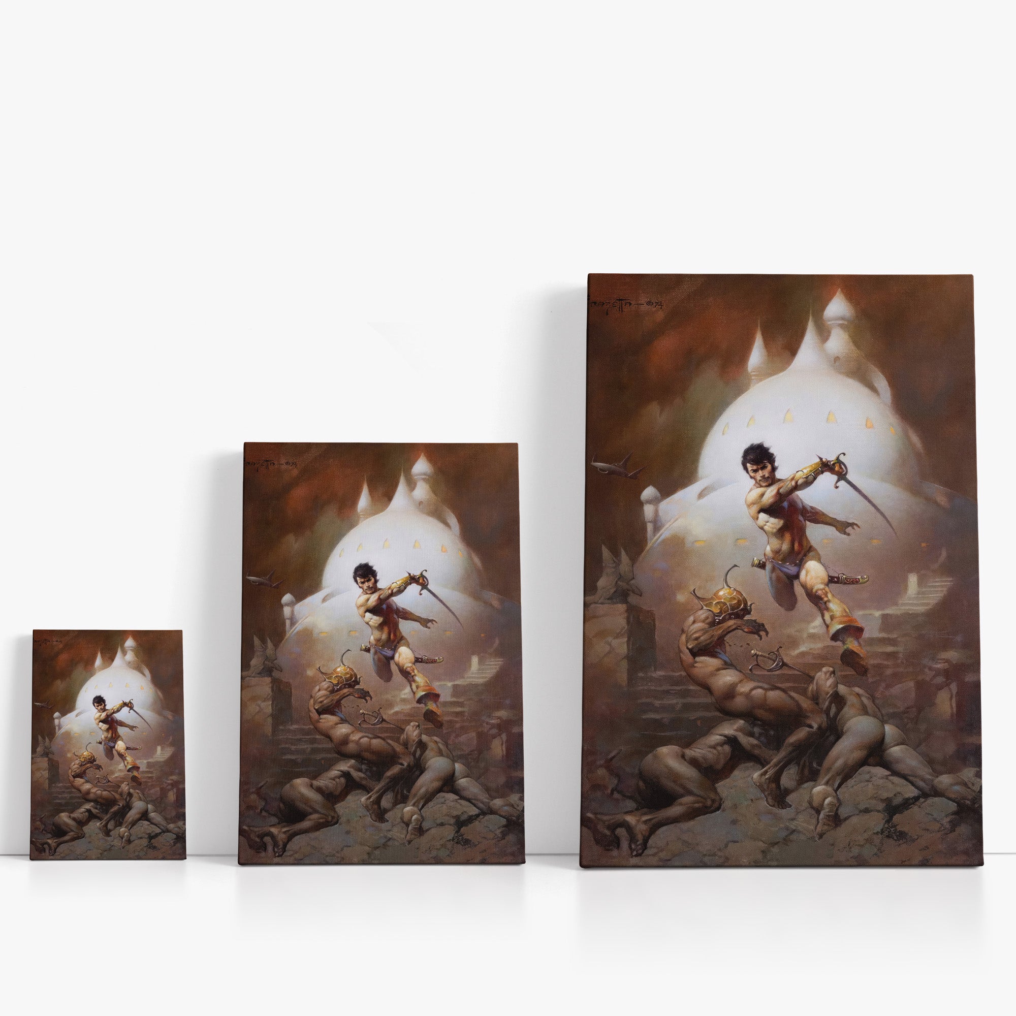 Three wrap-around canvas prints of Frazetta’s Swords of Mars in different sizes, showcasing the artwork with mirror-wrapped edges for a seamless, dimensional look.