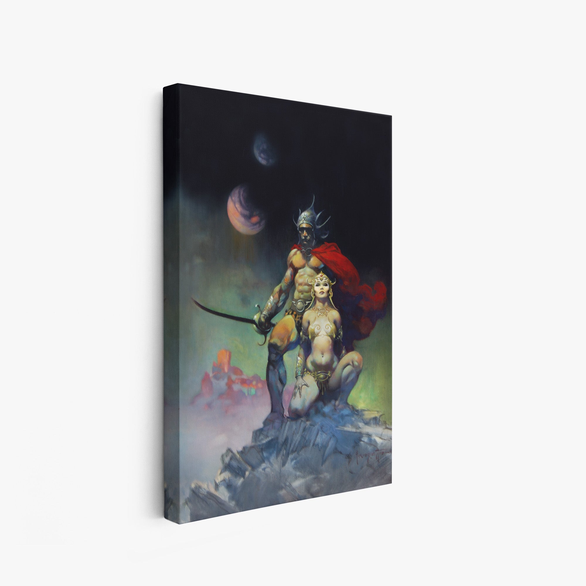 A canvas print of Frazetta’s Swordsman of Mars hung on a white wall, showcasing the artwork with mirror-wrapped edges for a seamless, dimensional look.