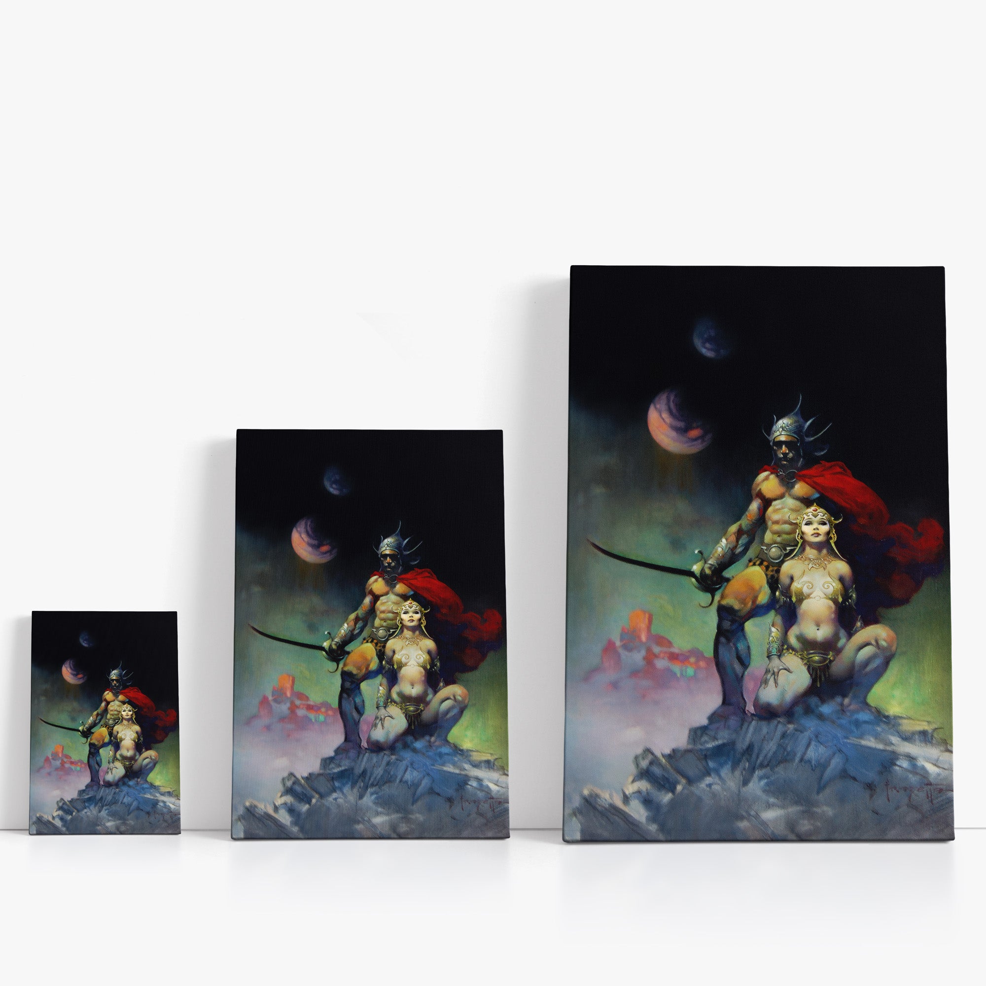 Three wrap-around canvas prints of Frazetta’s Swordsman of Mars in different sizes, showcasing the artwork with mirror-wrapped edges for a seamless, dimensional look.