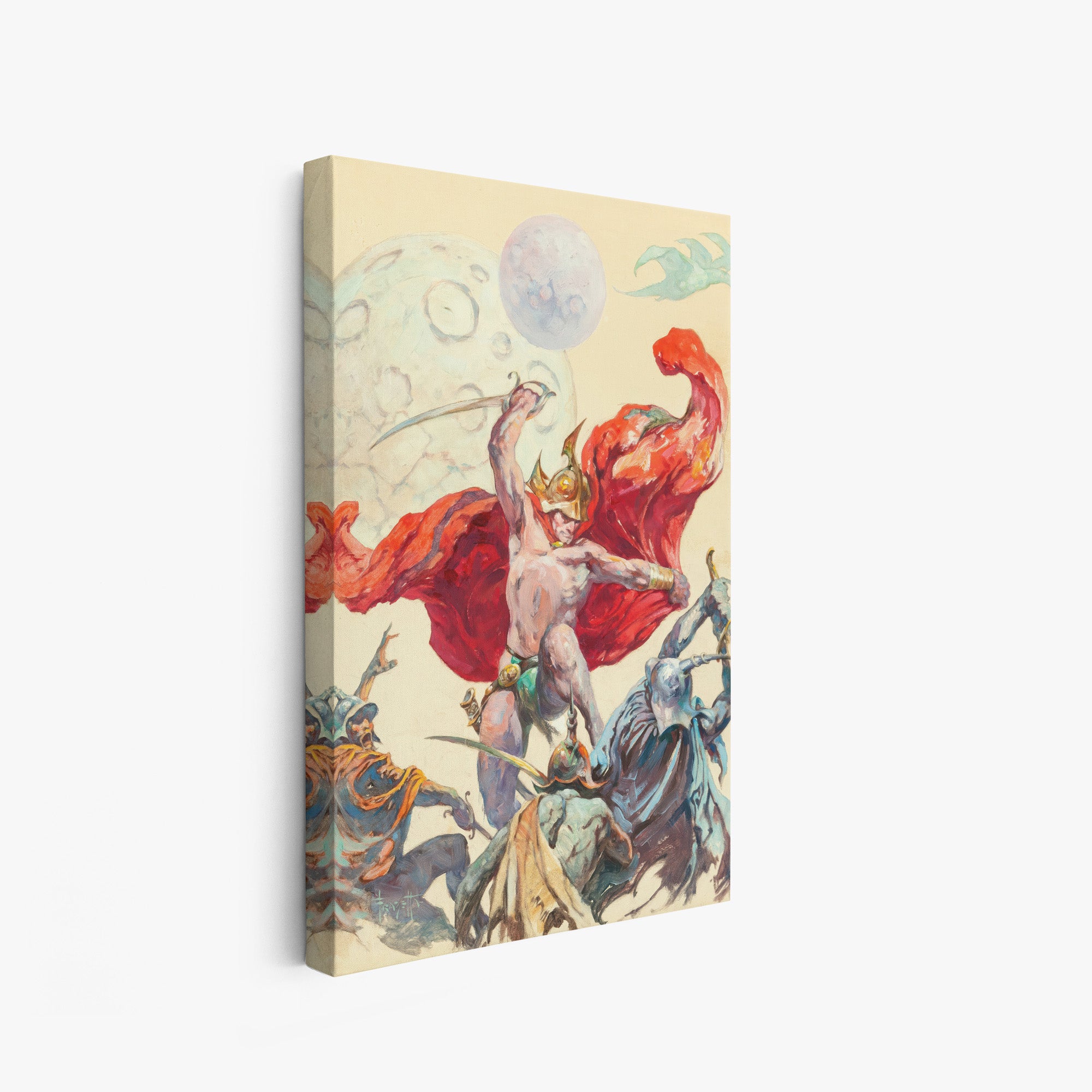 A canvas print of Frazetta’s Swordsmen in the Sky hung on a white wall, showcasing the artwork with mirror-wrapped edges for a seamless, dimensional look.