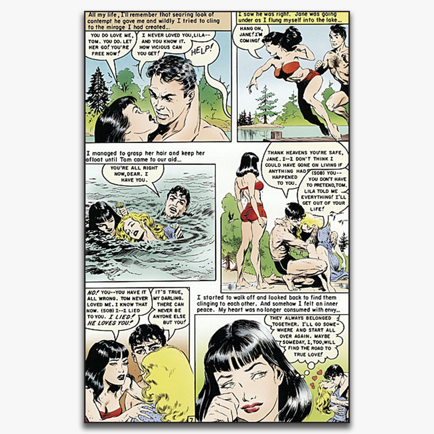 A dramatic comic panel from a Frank Frazetta story, depicting a romantic and intense scene. A man saves a woman from drowning in a lake, and emotions are expressed through dialogue as the characters confess their love. The artwork showcases Frazetta&