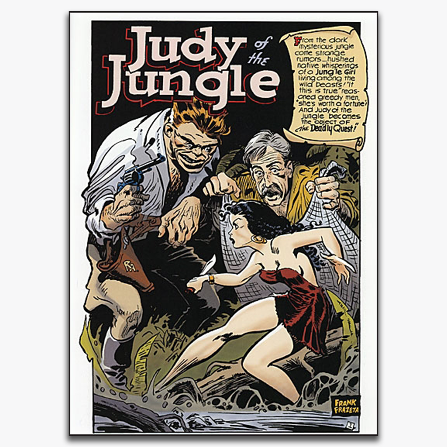 A comic book cover by Frank Frazetta titled Judy of the Jungle. The artwork features a dramatic scene with Judy, a jungle girl, poised with a knife while two men approach her. The background hints at the dangerous jungle setting, with Frazetta&