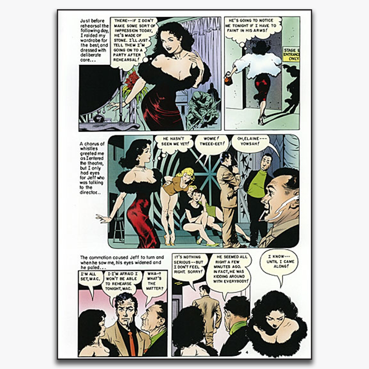 A comic panel from a Frank Frazetta story, featuring a woman in a dramatic pose entering a room full of men who are admiring her. The scene includes dialogue that conveys her thoughts about impressing a man, along with a mix of reactions from the characters present. The artwork features Frazetta&