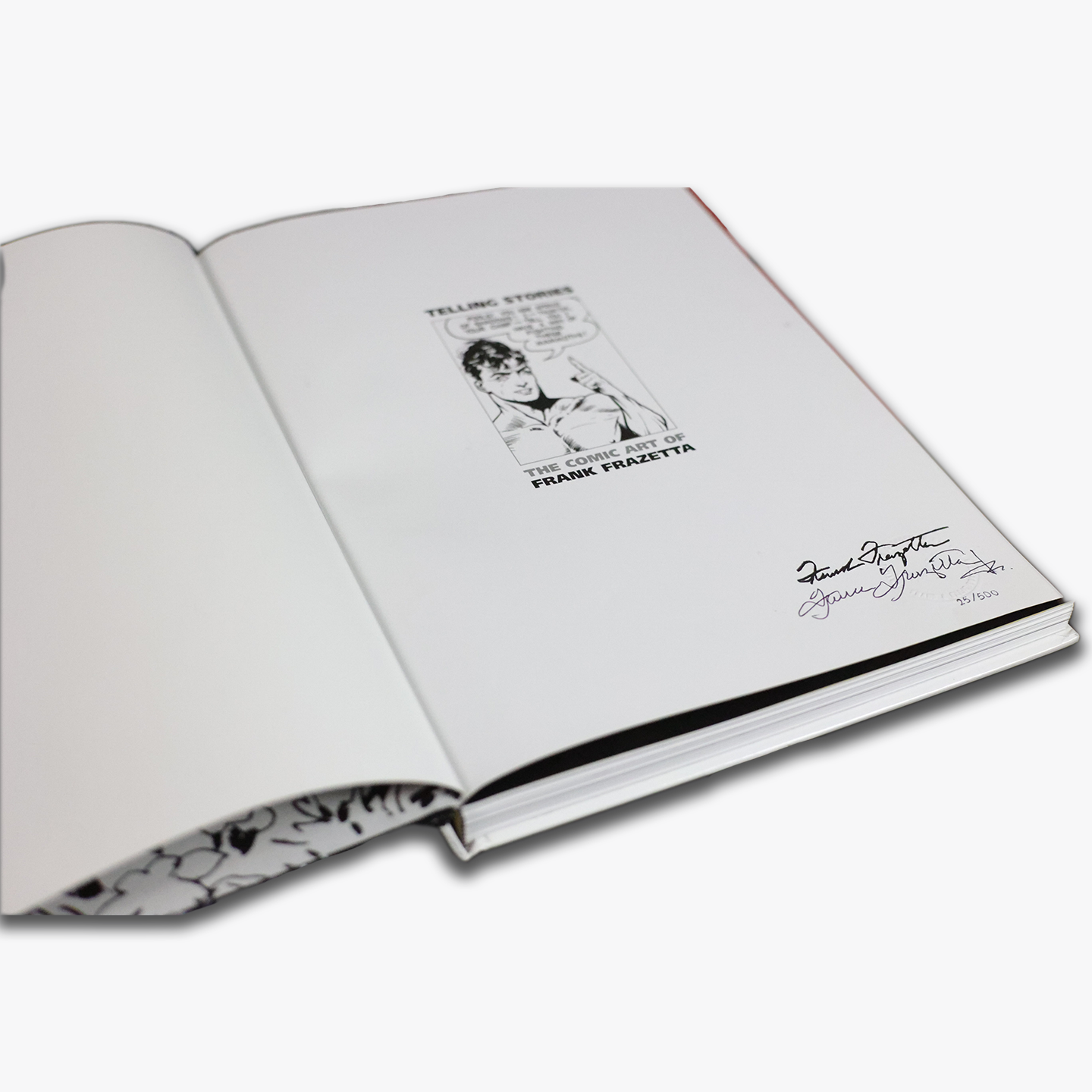 The inside page of Telling Stories: The Comic Art of Frank Frazetta, featuring a black-and-white illustration with the book title and a signature from Frank Frazetta and Frank Jr., with the limited edition number 15/500 written below.