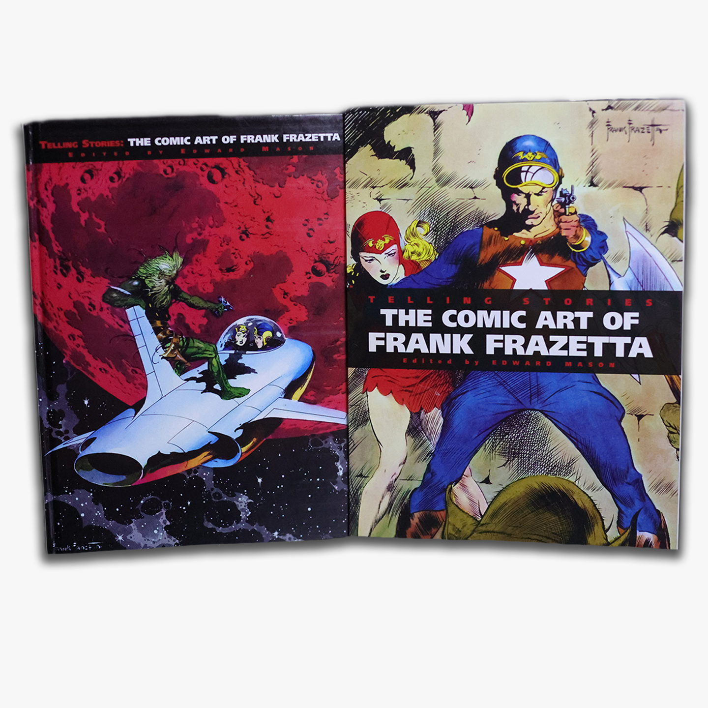 Cover of Telling Stories: The Comic Art of Frank Frazetta, featuring a dynamic illustration of a space adventurer and a woman in a futuristic aircraft, with a red planet and stars in the background. Artwork by Frank Frazetta. Edited by Edward Mason.