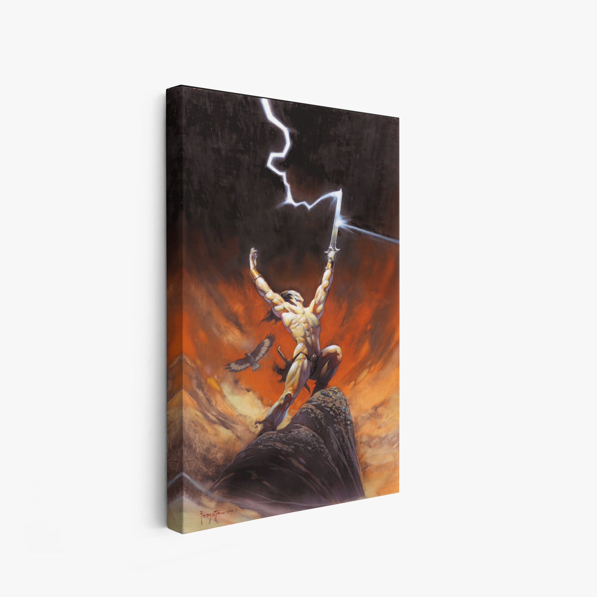 A canvas print of Frazetta’s Tempest hung on a white wall, showcasing the artwork with mirror-wrapped edges for a seamless, dimensional look.
