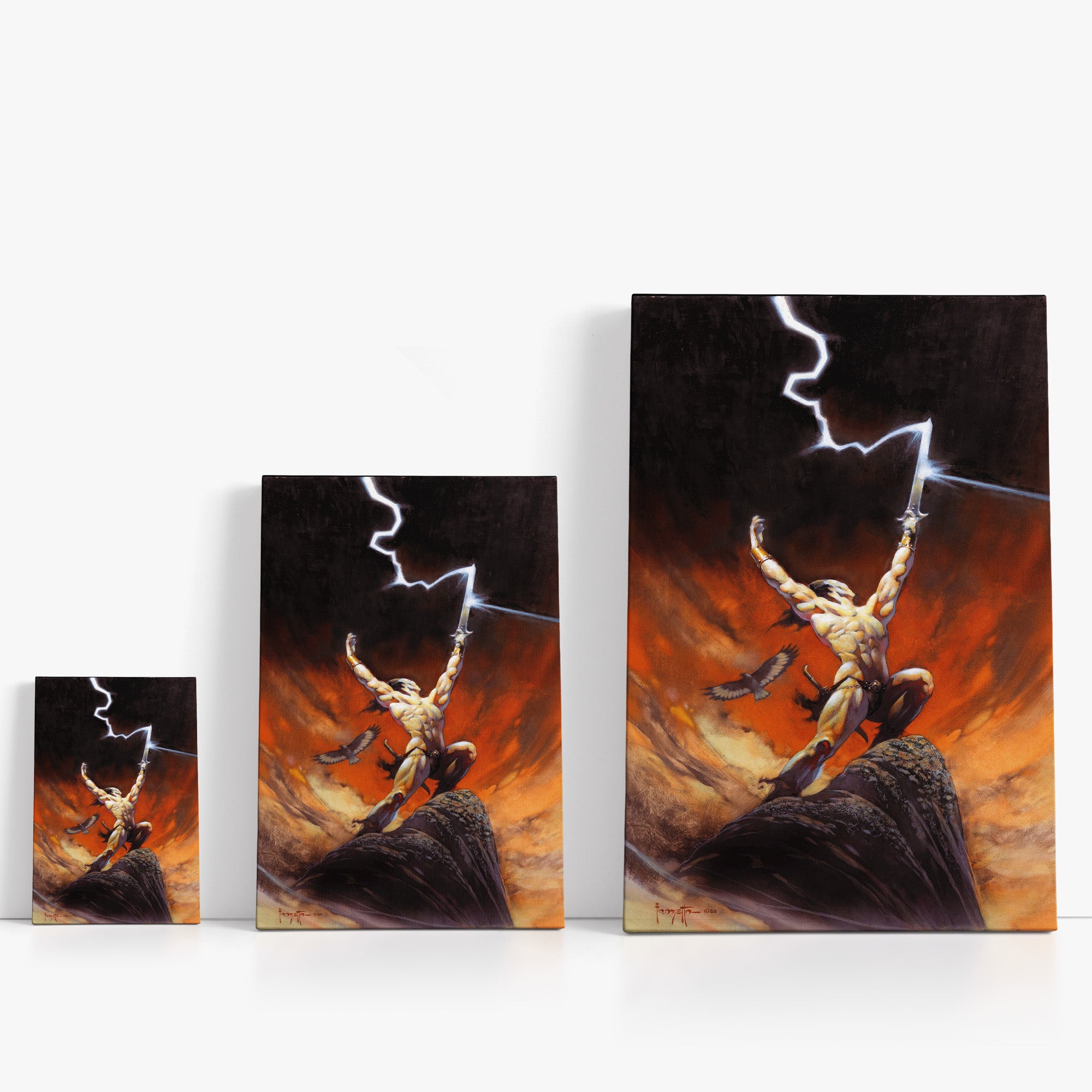 Three wrap-around canvas prints of Frazetta’s Tempest in different sizes, showcasing the artwork with mirror-wrapped edges for a seamless, dimensional look.