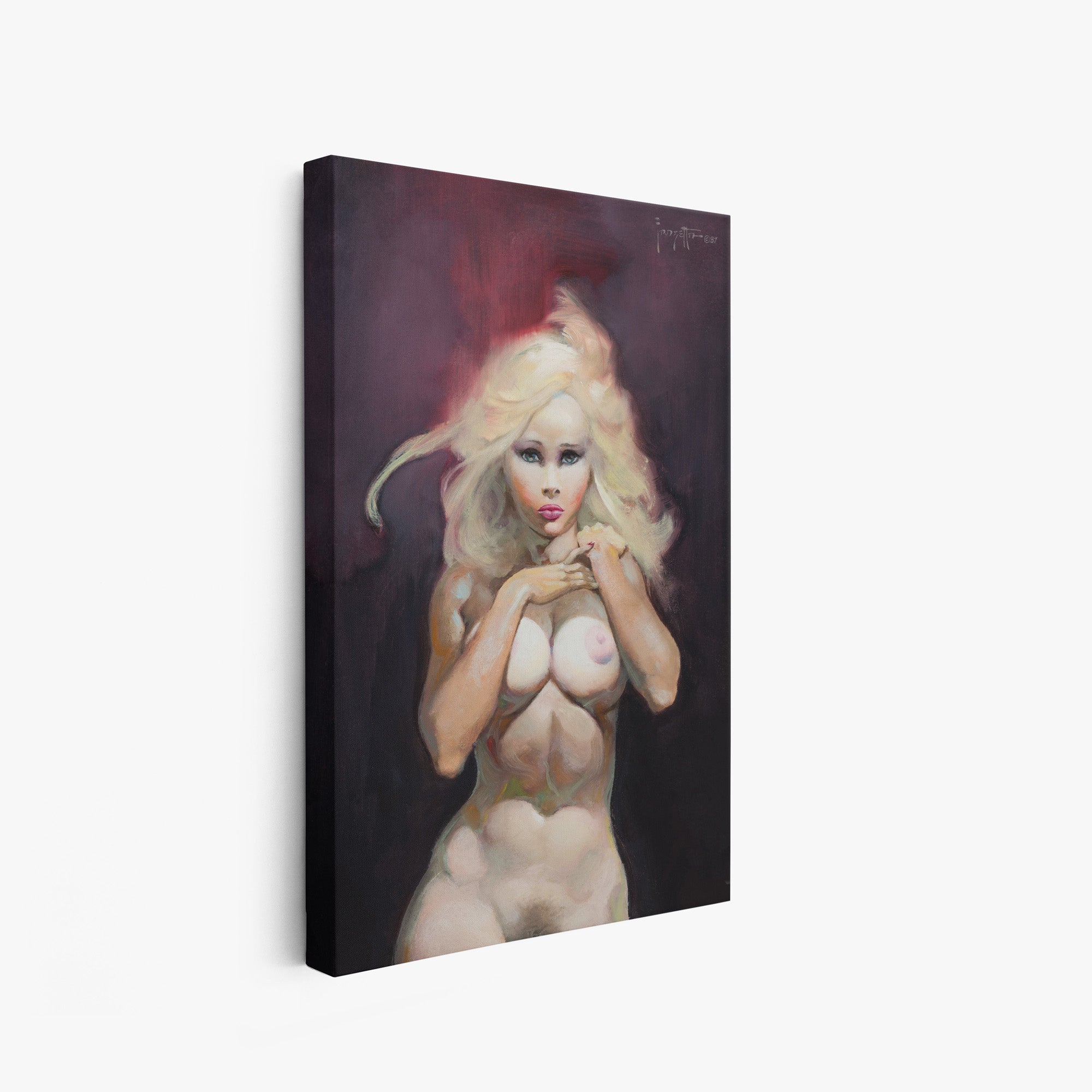 A canvas print of Frazetta’s Temptation hung on a white wall, showcasing the artwork with mirror-wrapped edges for a seamless, dimensional look.