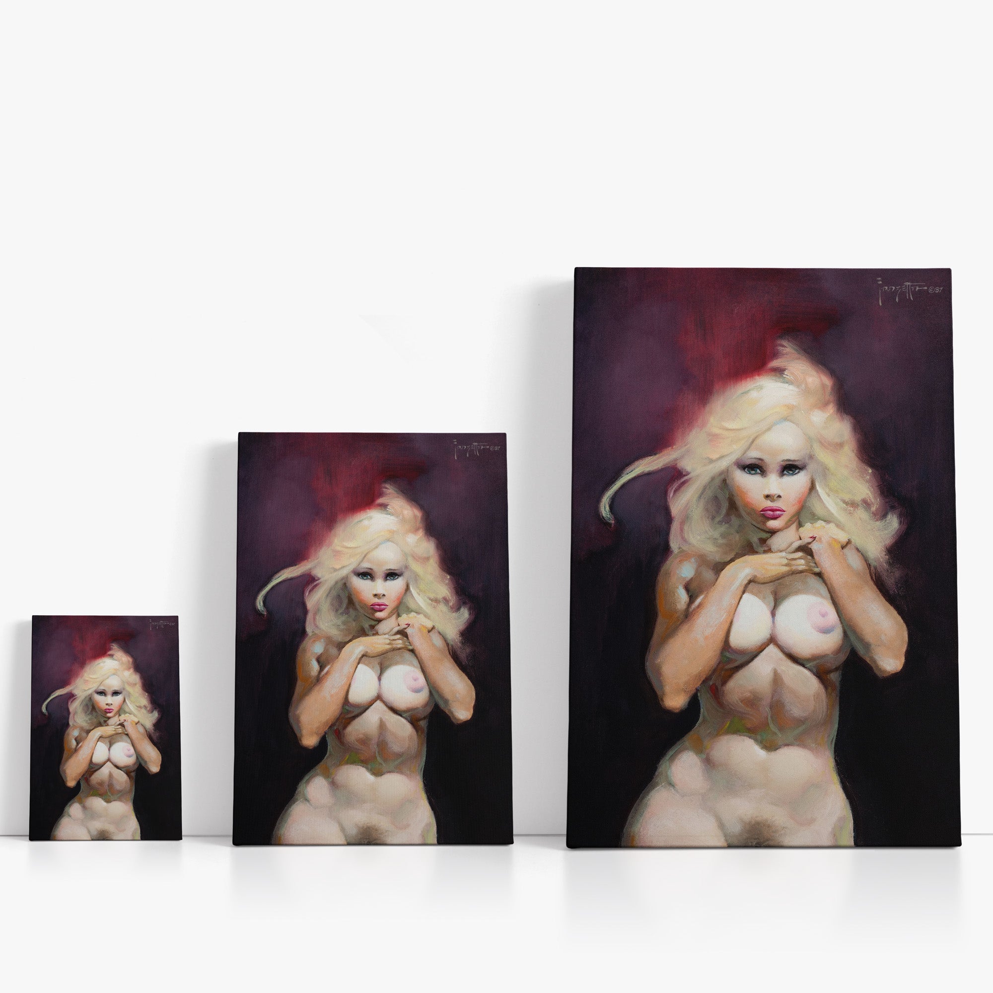 Three wrap-around canvas prints of Frazetta’s Temptation in different sizes, showcasing the artwork with mirror-wrapped edges for a seamless, dimensional look.