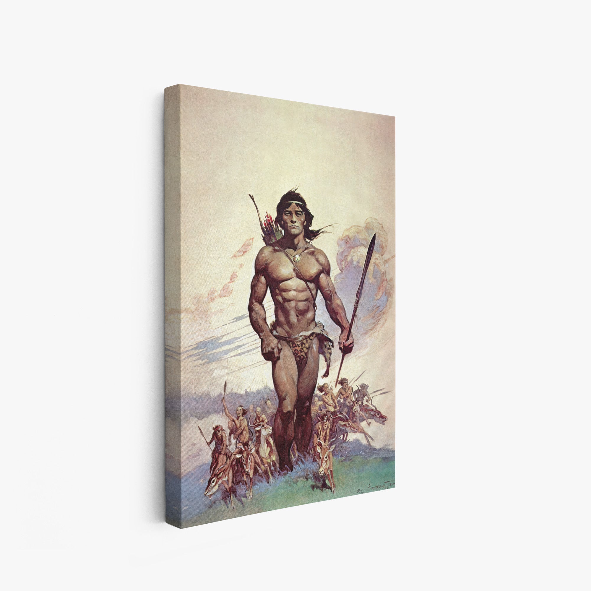 A canvas print of Frazetta’s Ant Men hung on a white wall, showcasing the artwork with mirror-wrapped edges for a seamless, dimensional look.
